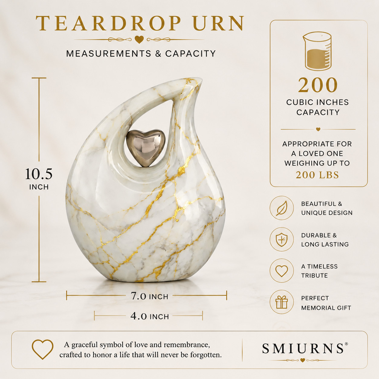 White Gold Marble Teardrop Cremation Urn Adult Human Ashes for Your Love Ones