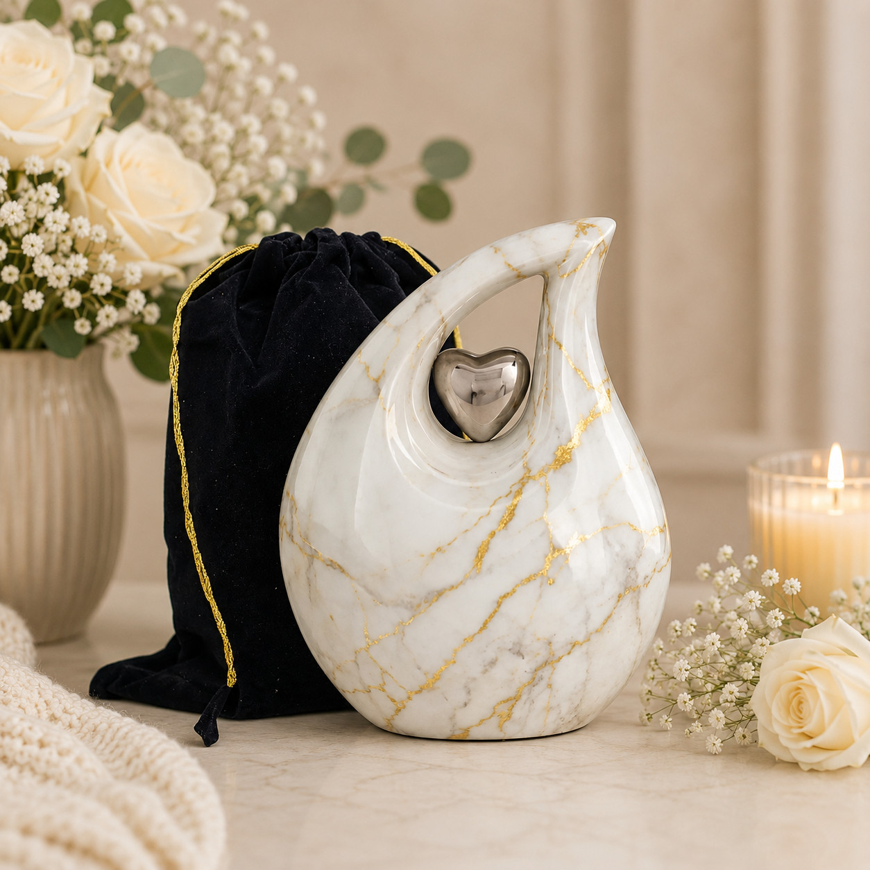 White Gold Marble Teardrop Cremation Urn Adult Human Ashes for Your Love Ones