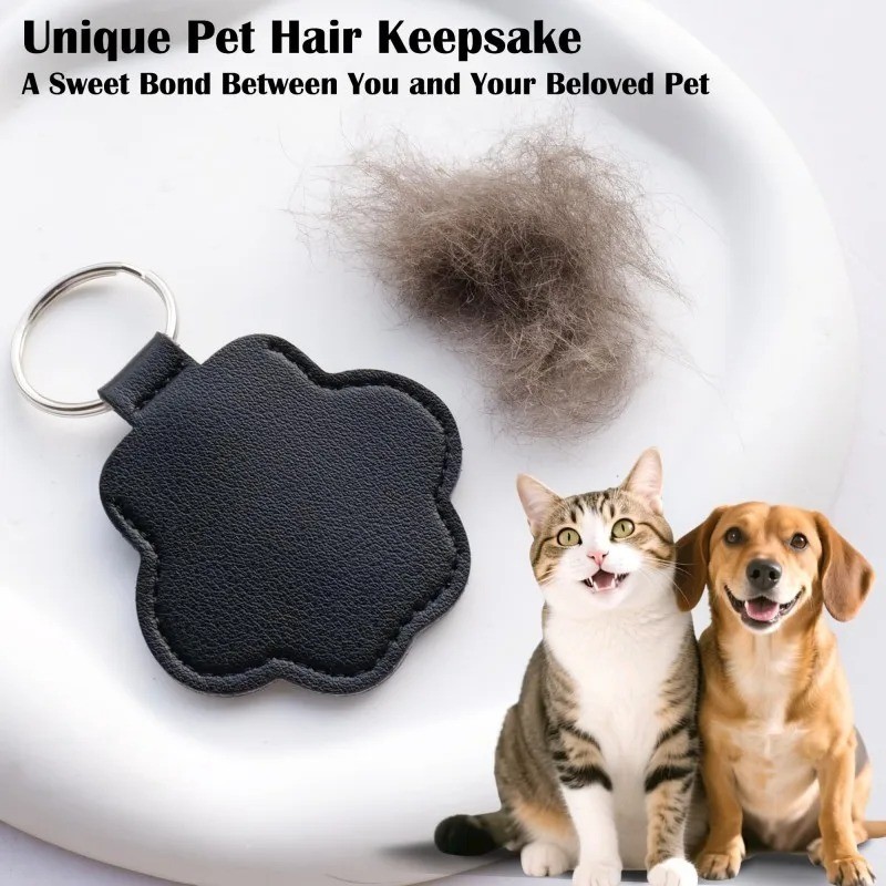 Pets Hair Memorial Keepsake Keychain PU Leather Dog Cat Storage Pouch Bag Charm