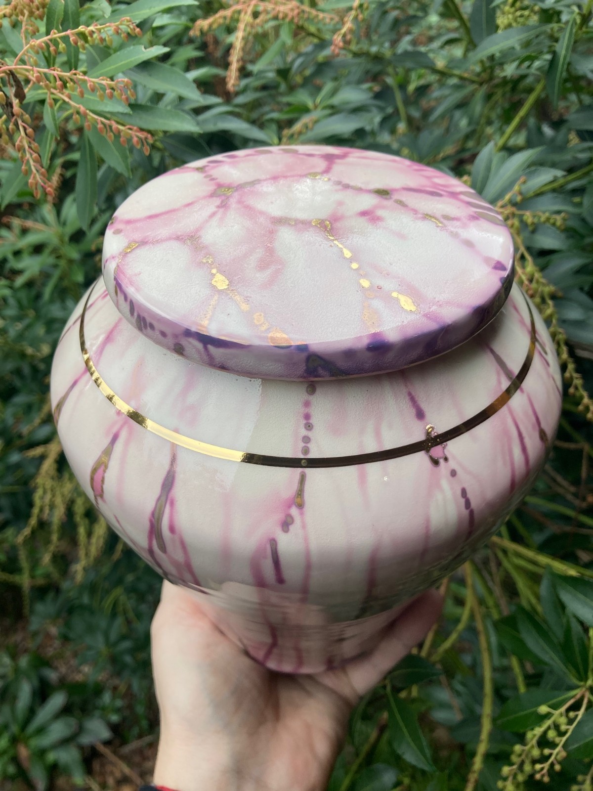 Handmade Ceramic Cremation Urn Keepsake Vessel in White with Rose Gold 150 ci
