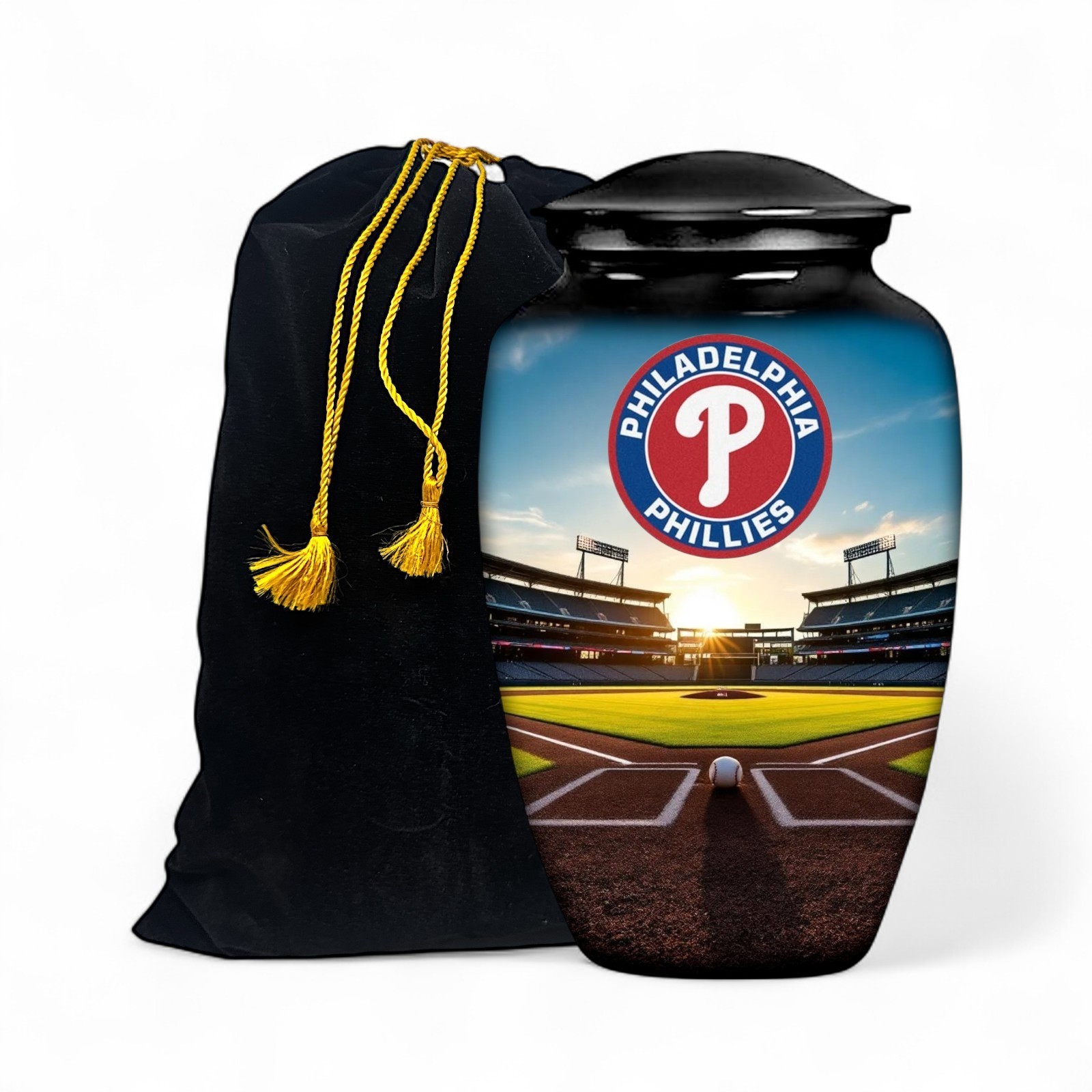 Black Large Baseball Theme Philadelphia Cremation Urn Adult Human Ashes w/Bag