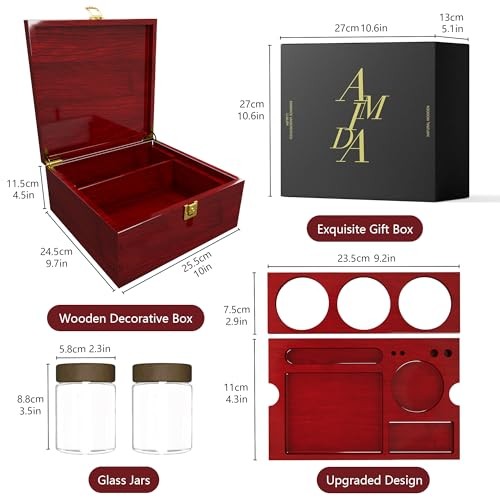 Large Wooden Box Decorative Storage Box with Lock & Accessories – Burgundy