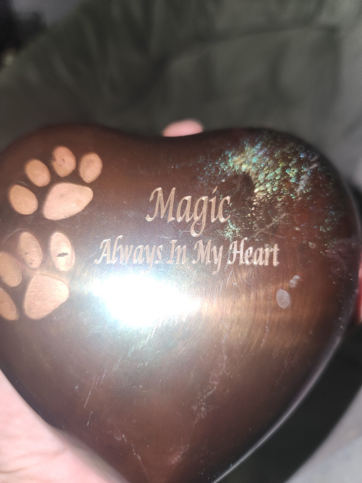 Iridescent Paw Print Raku Heart Shaped Keepsake Pet Urn Magic Always In My Heart