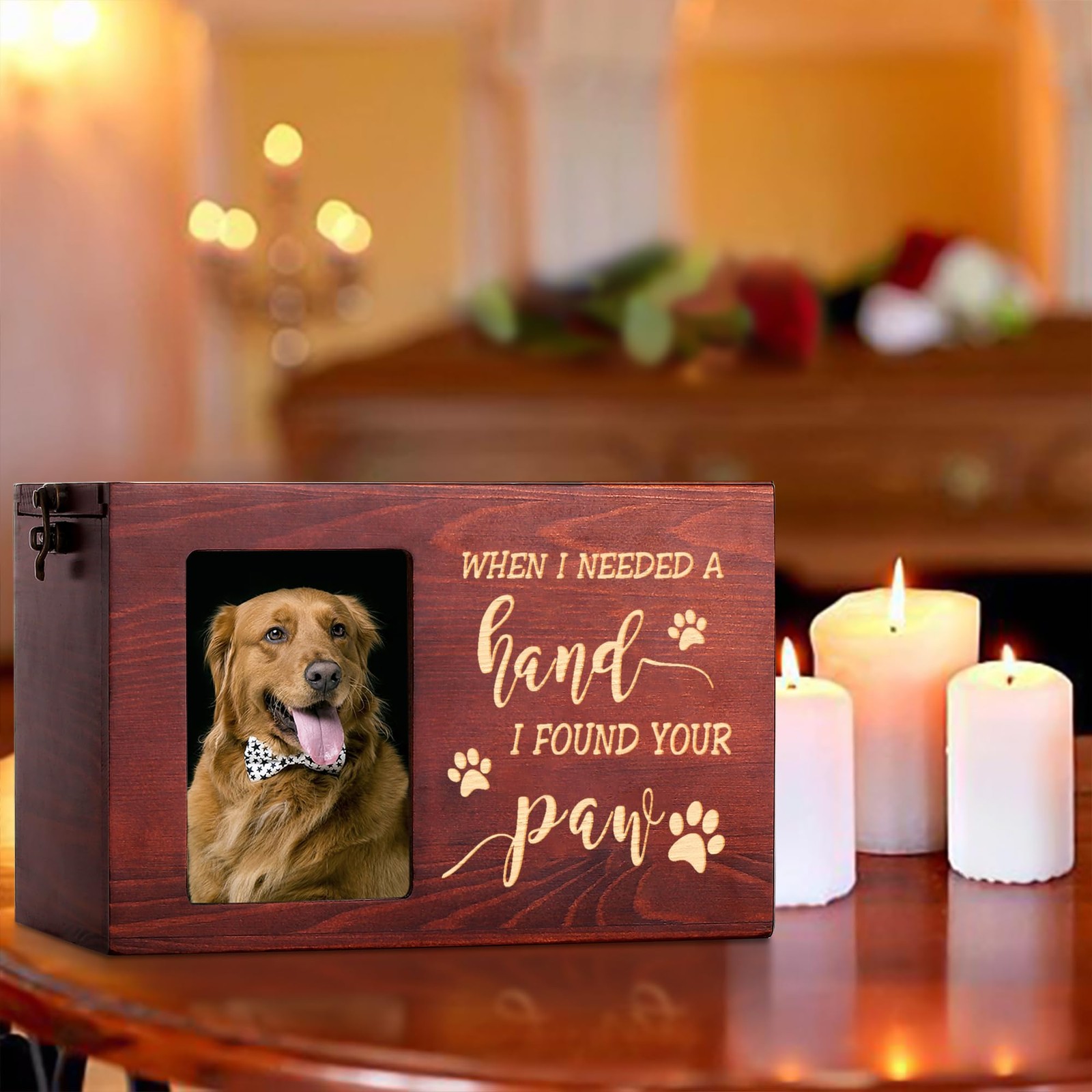 Wooden Pet Memorial Urn for Dog or Cat Ashes with Photo Frame Keepsake Box