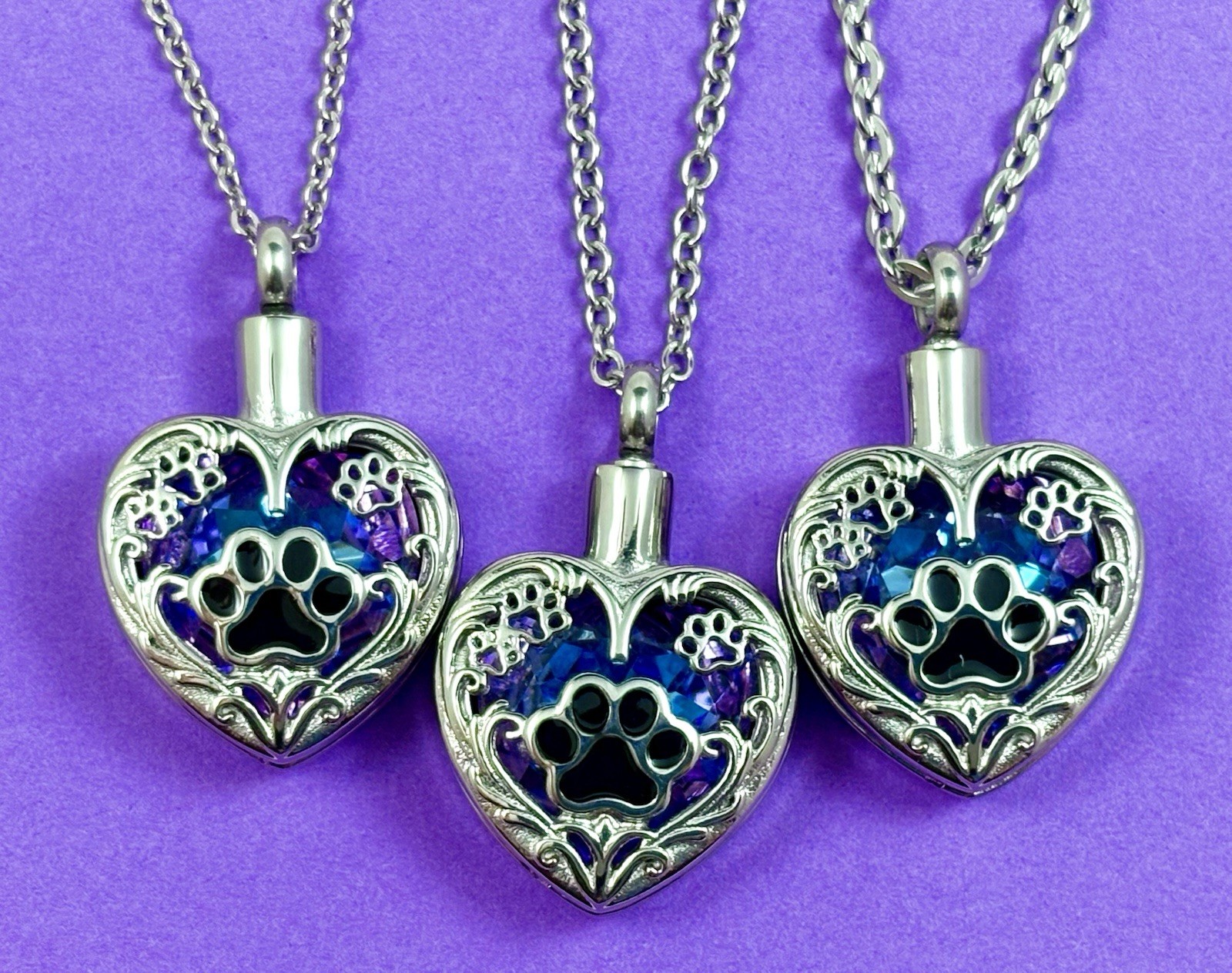 Purple Pet Cremation Necklace Holds Ashes Urn Pendant Jewelry Gift Paw Print Dog