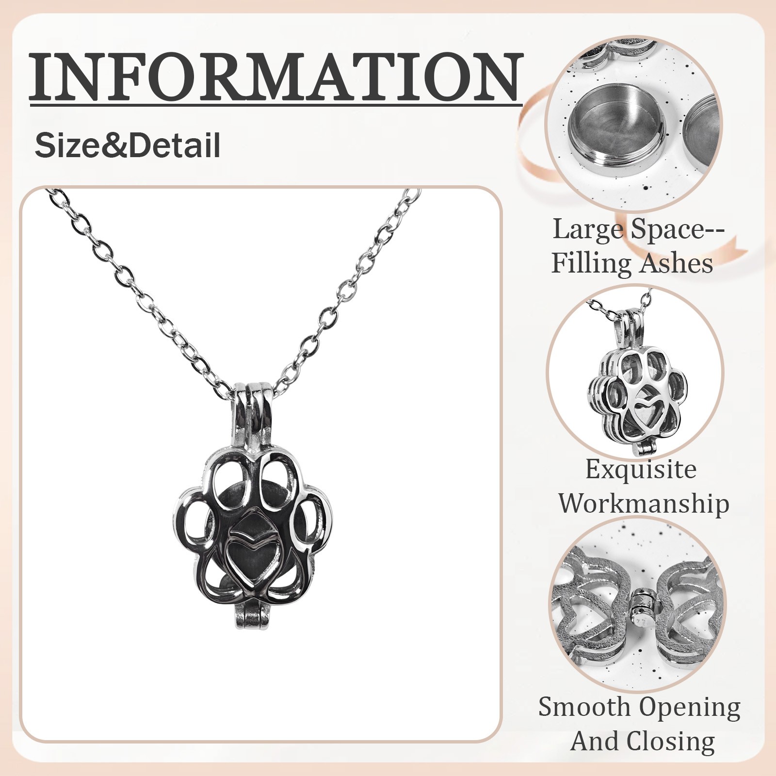 Silver Paw Print Heart Pet Ashes Memorial Necklace with Inner Box For Dog&Cat