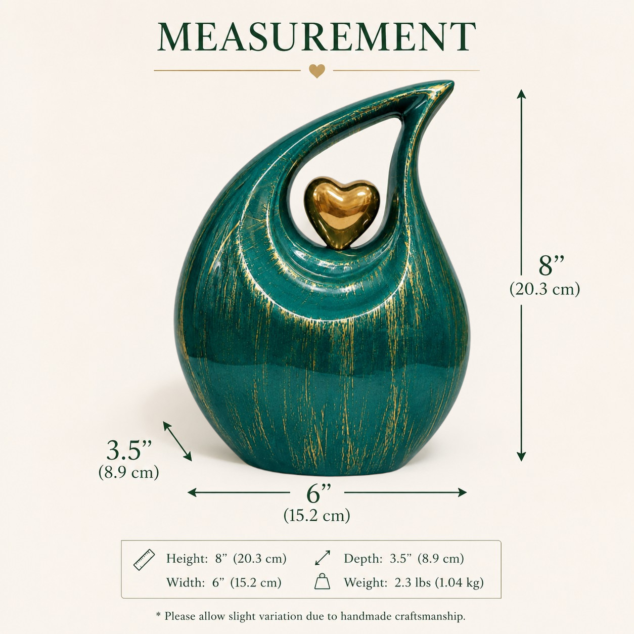 Emerald Green Teardrop Cremation Urn Gold Brush Human Adult Ashes Your Love Ones
