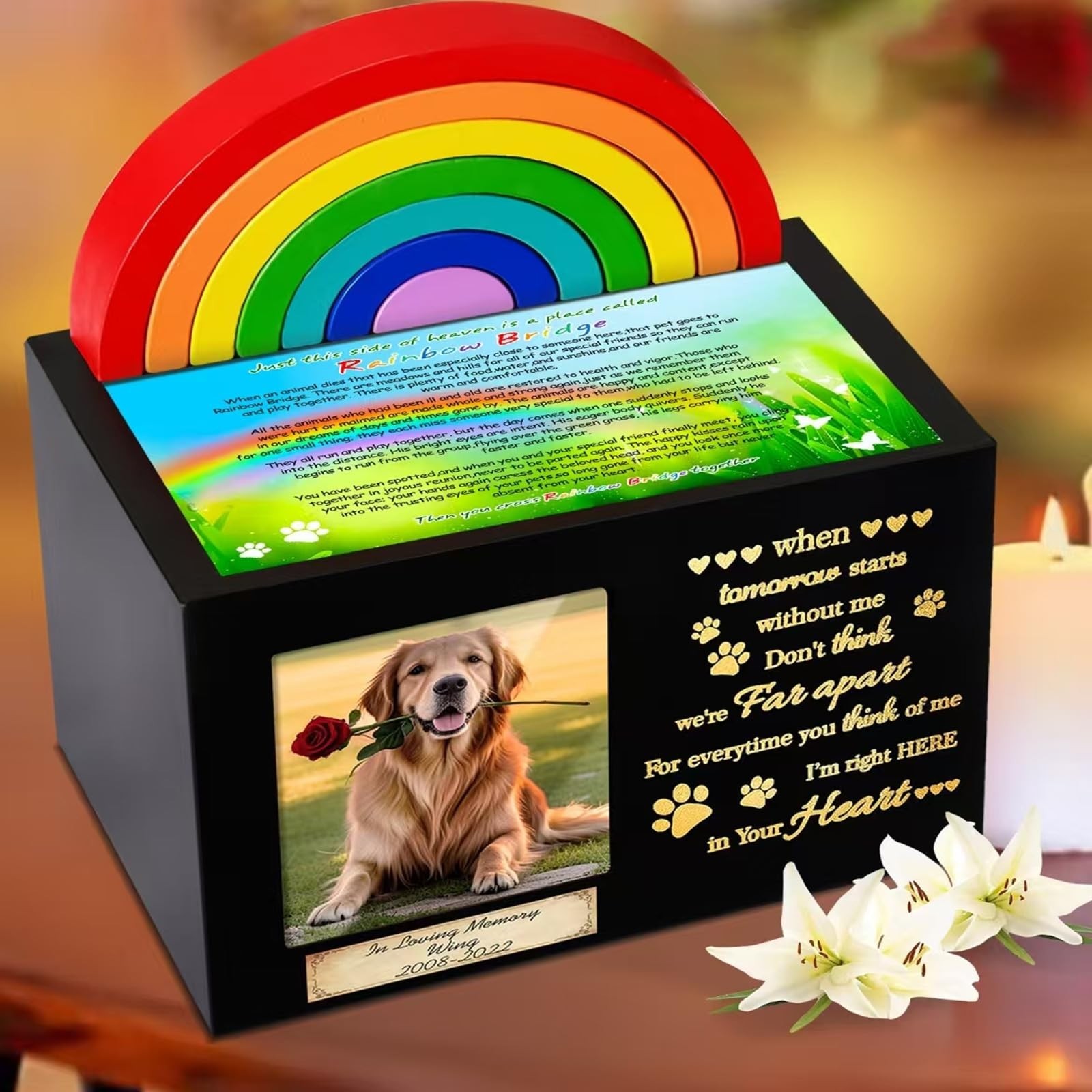 Handcrafted Wooden Rainbow Bridge Pet Urn for Dog/Cat Ashes, Memorial Keepsake B