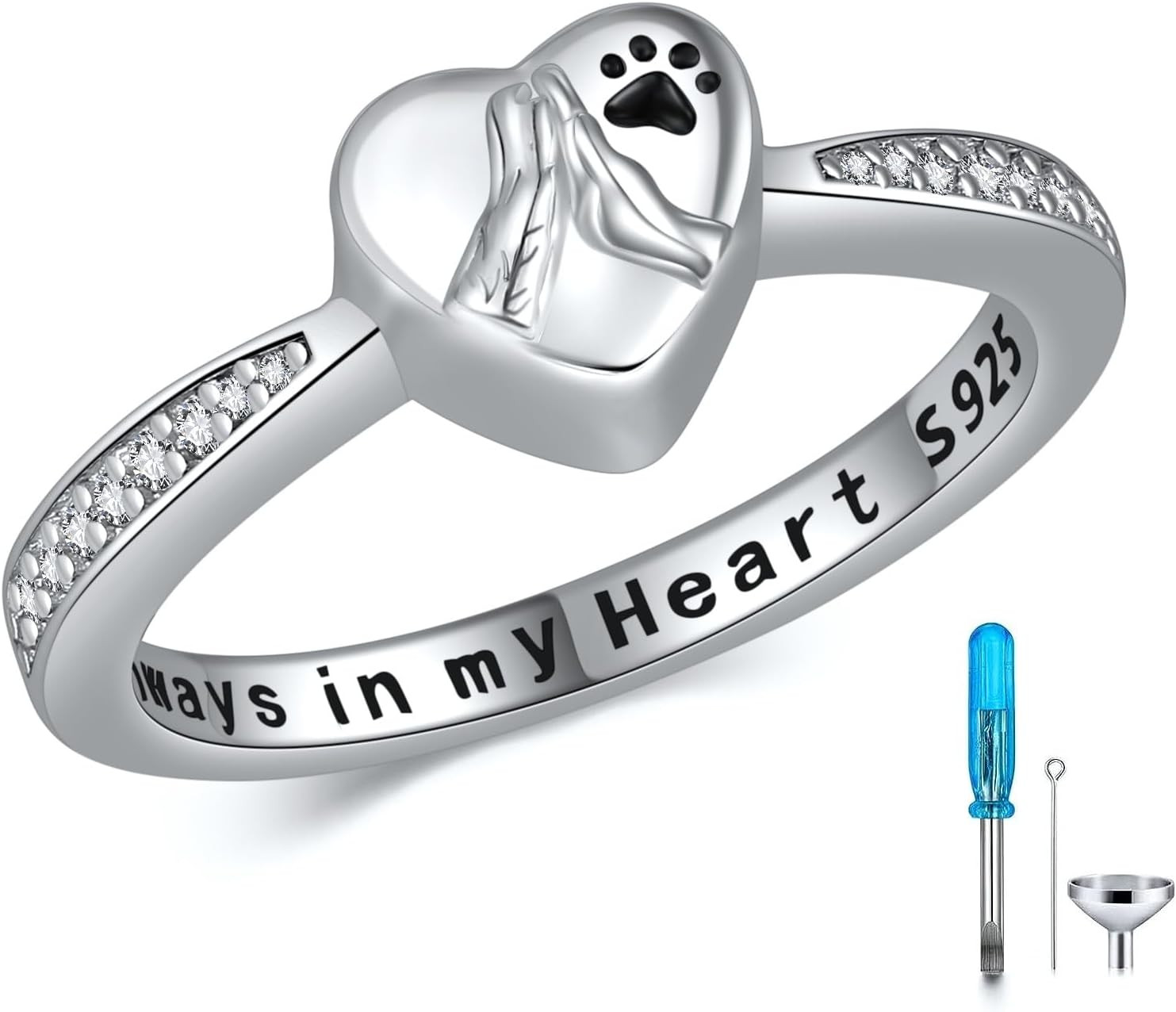 Pet Paw Print Urn Ring for Ashes 925 Sterling Silver Cremation Memorial Gifts S8
