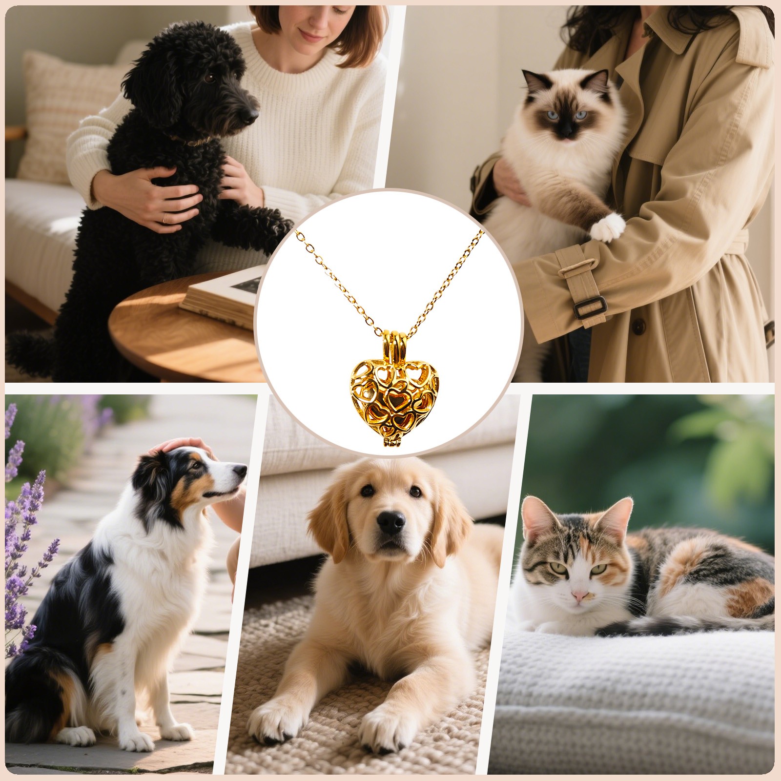 Gold Paw Print Heart Pet Ashes Memorial Necklace with Inner Box For Dog&Cat