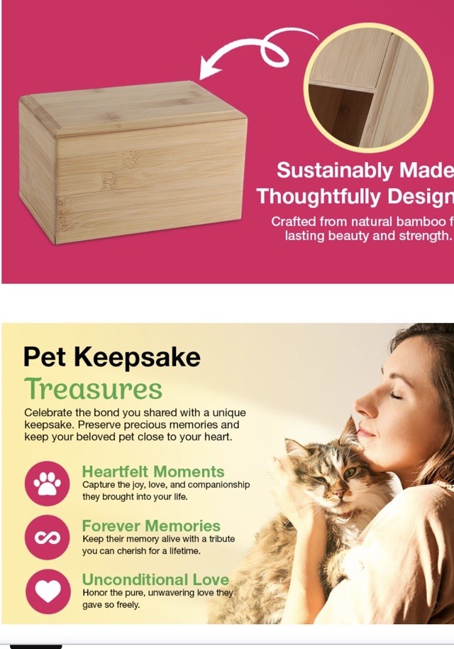 Silicute Pet Urn Wood Box 8x4x5 ashes cremation Bamboo Memorial Funeral Pets New