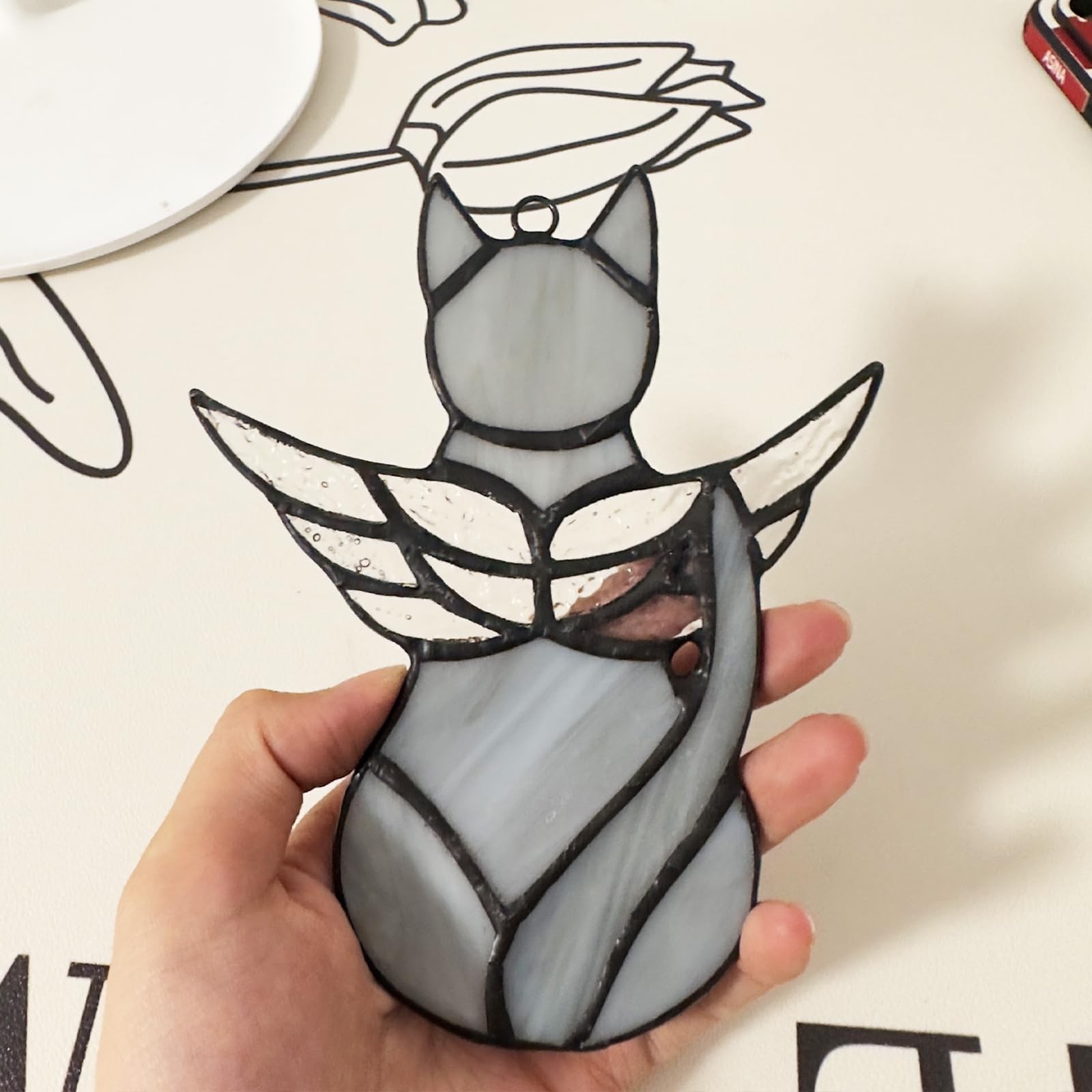 FLUFFYCAPTAIN Stained Glass Grey Angel Cat Suncatcher Pet Memorial Handcrafted