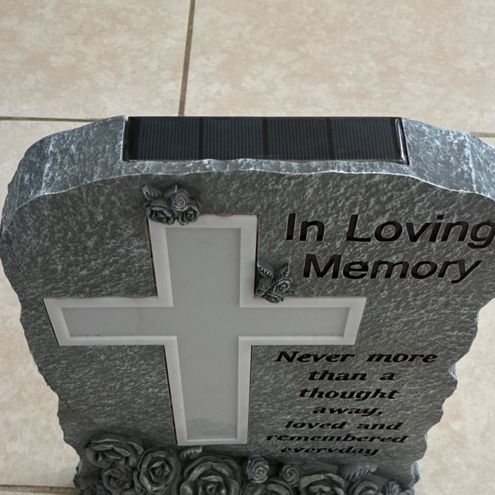 Solar Powered Engraved Memorial Plaque with Cross and Roses, In Loving Memory