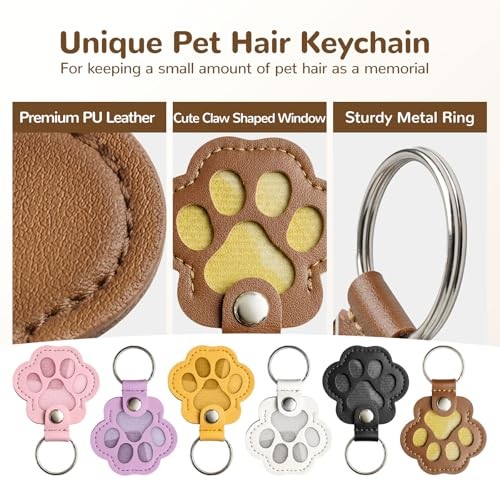 6 Pack Pet Fur Keepsake Keychain – Paw Shaped Leather – Cat & Dog Hair Keepsake