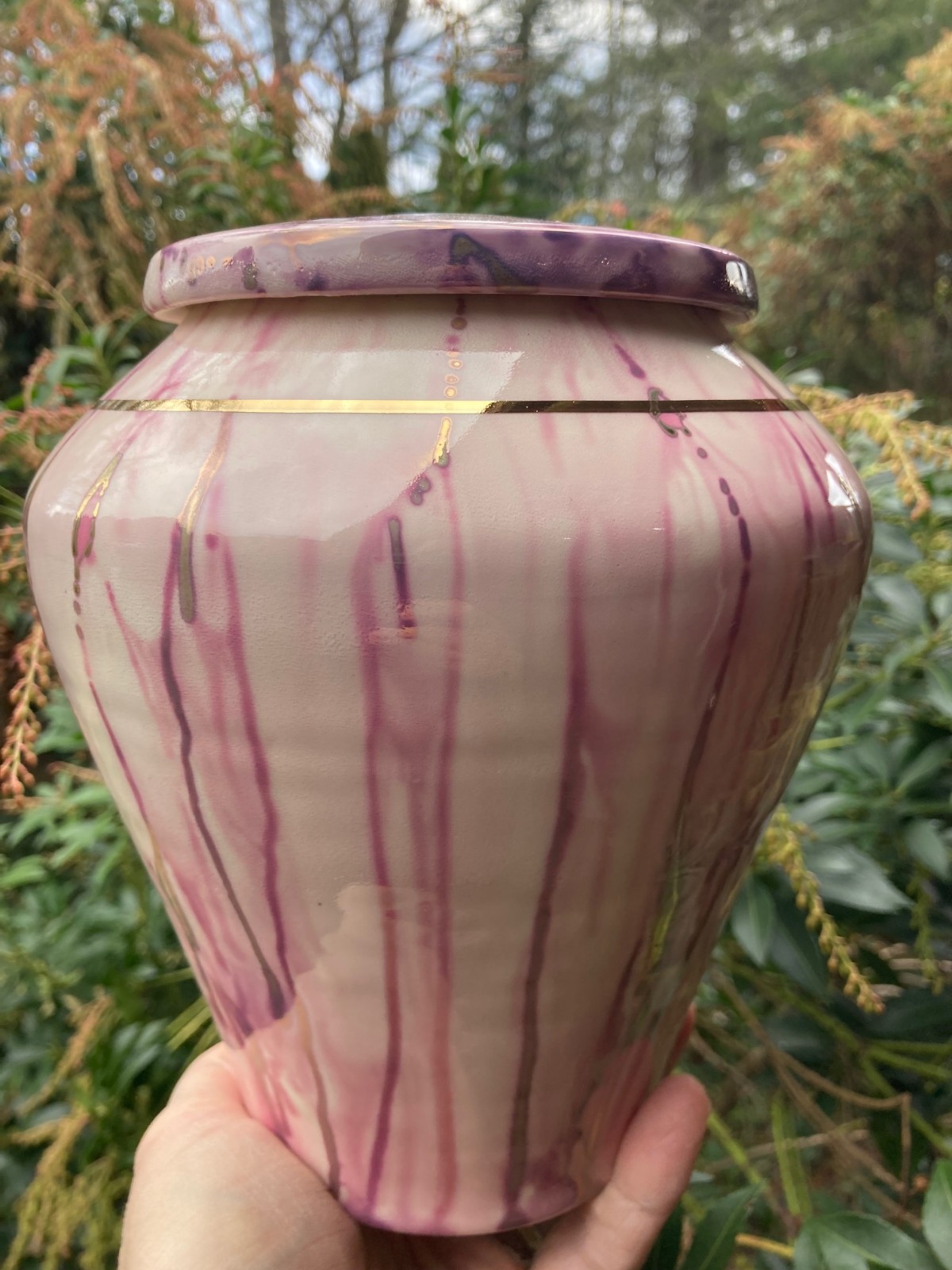 Handmade Ceramic Cremation Urn Keepsake Vessel in White with Rose Gold 150 ci