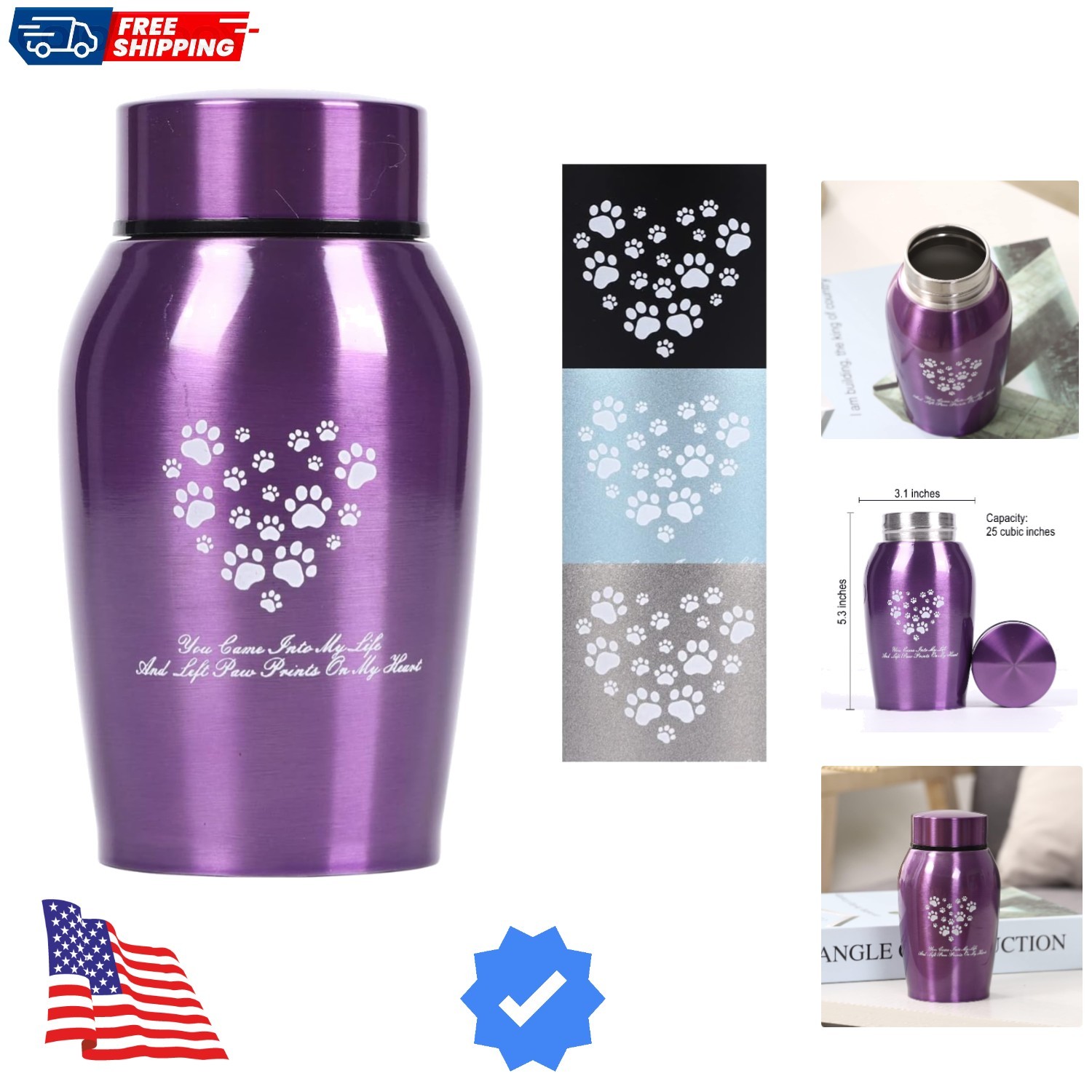 Trusty Memorial Urn for Dog & Cat Ashes – Small Purple Stainless Steel Design