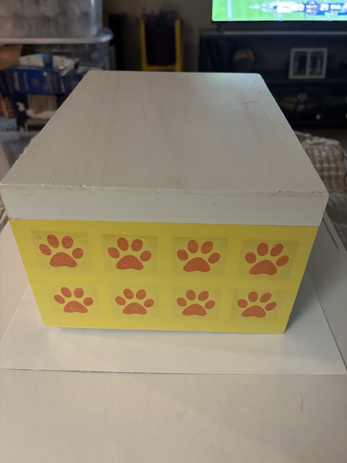 Pet Cremation Box-Orange Paws On Yellow And White-Free Mini Urn With Every Box