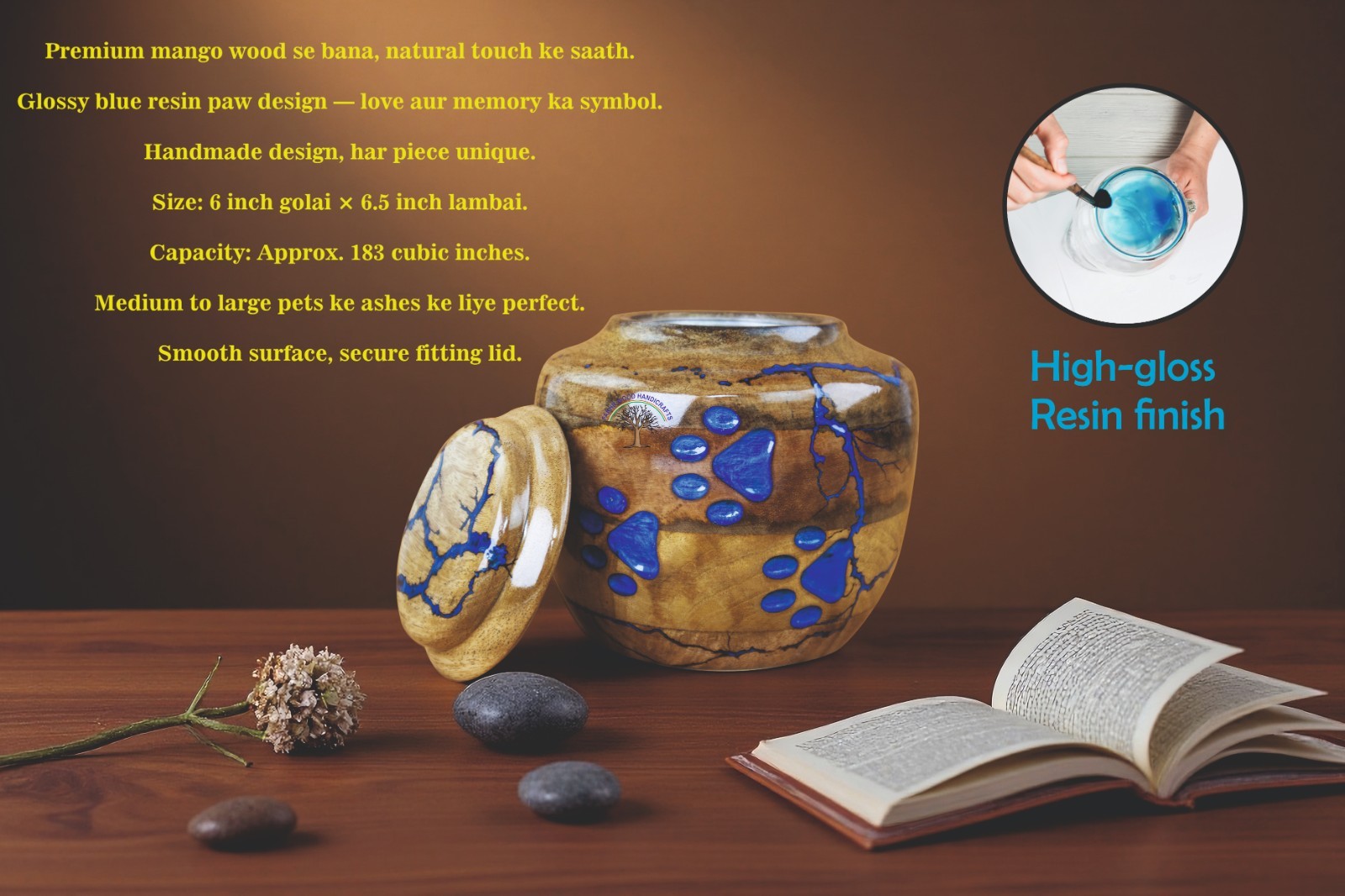 Pet Cremation Urn with Blue Paw Prints – Handcrafted Decorative Urn for Dog