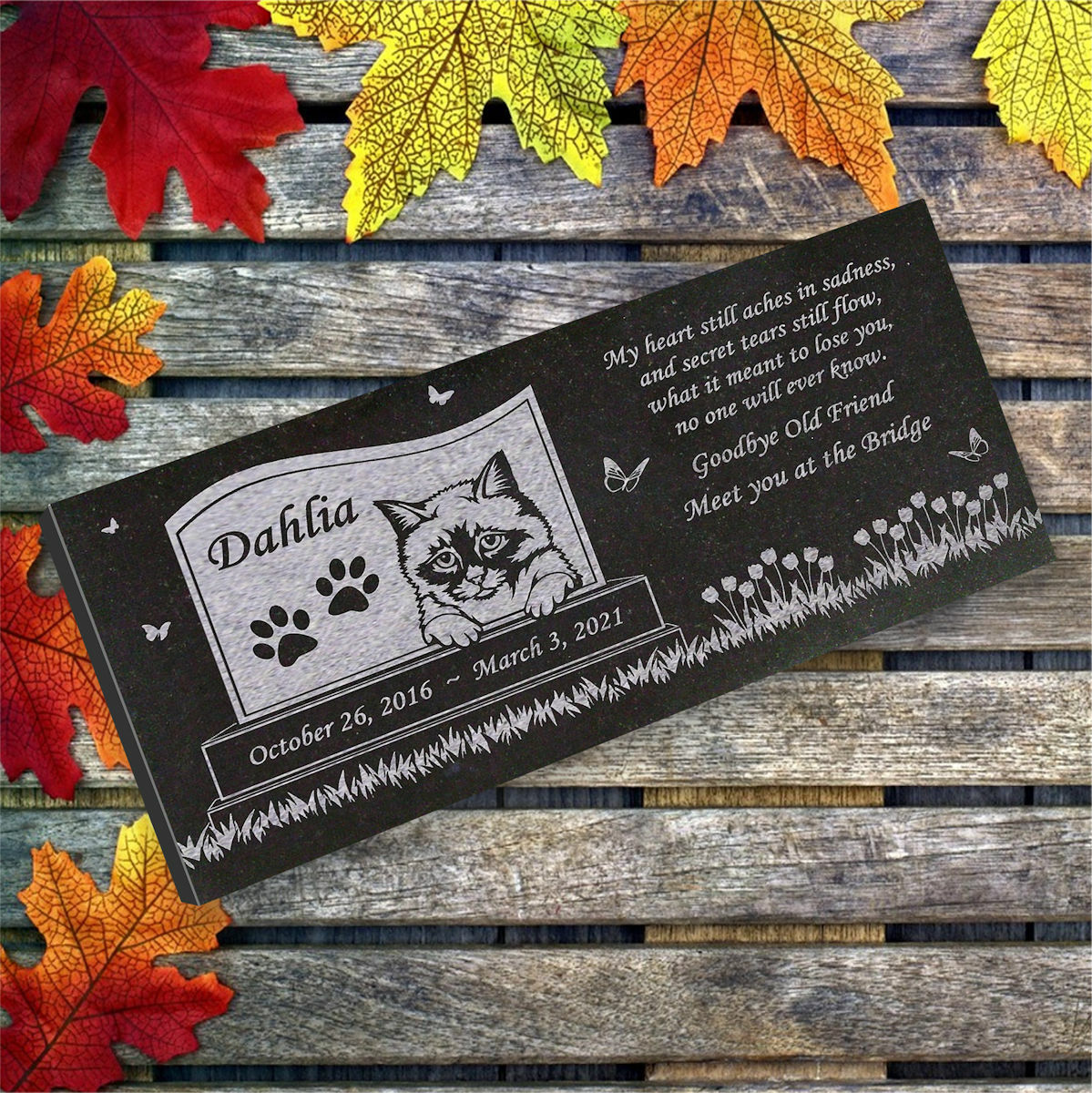 Personalized Cat Memorial – Granite Stone Pet Grave Marker – 6×12 – Dahlia