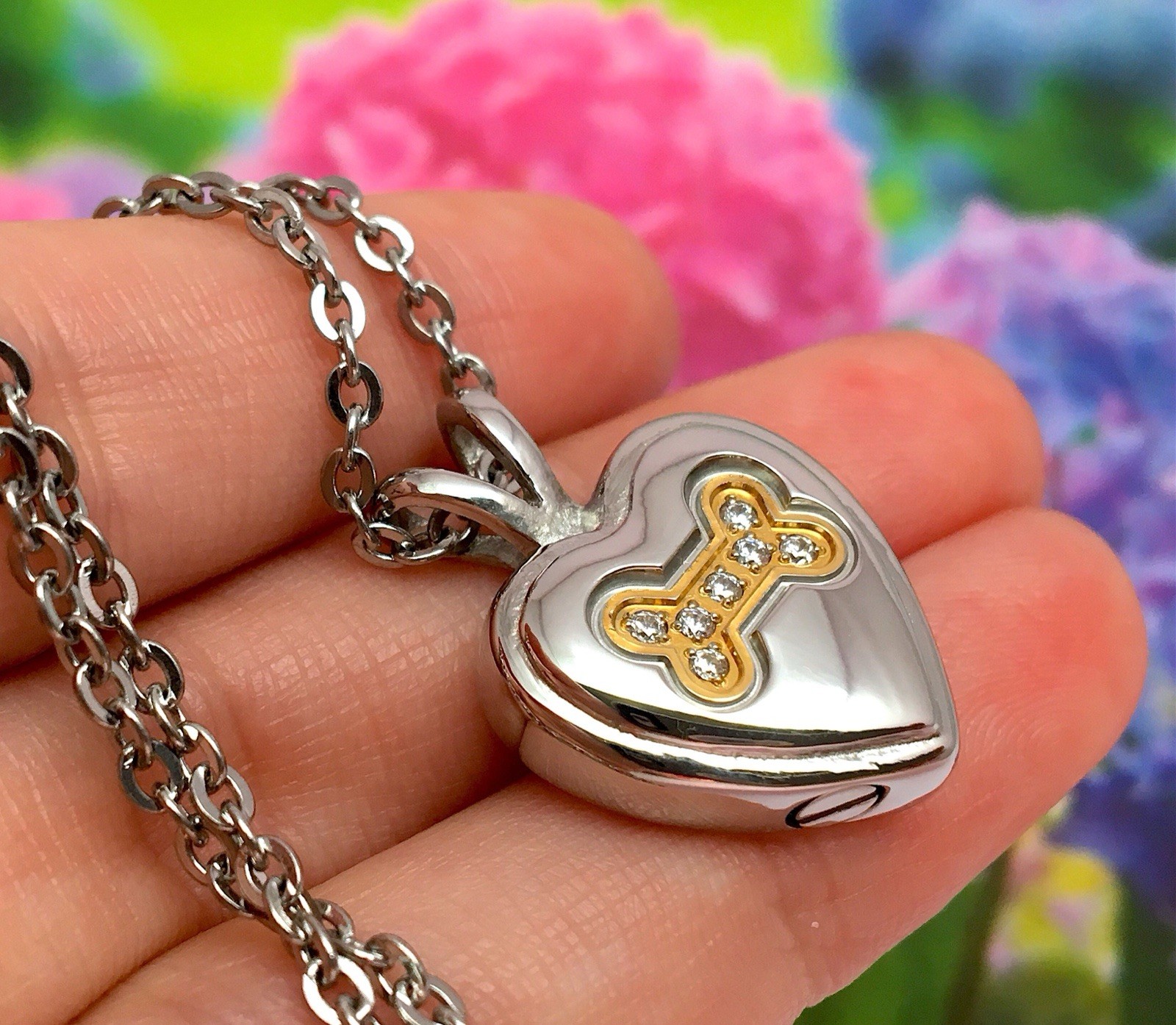 Dog Cremation Pendant Urn Keychain 1″ Key Ring Ash Golden Silver Crystal Bone