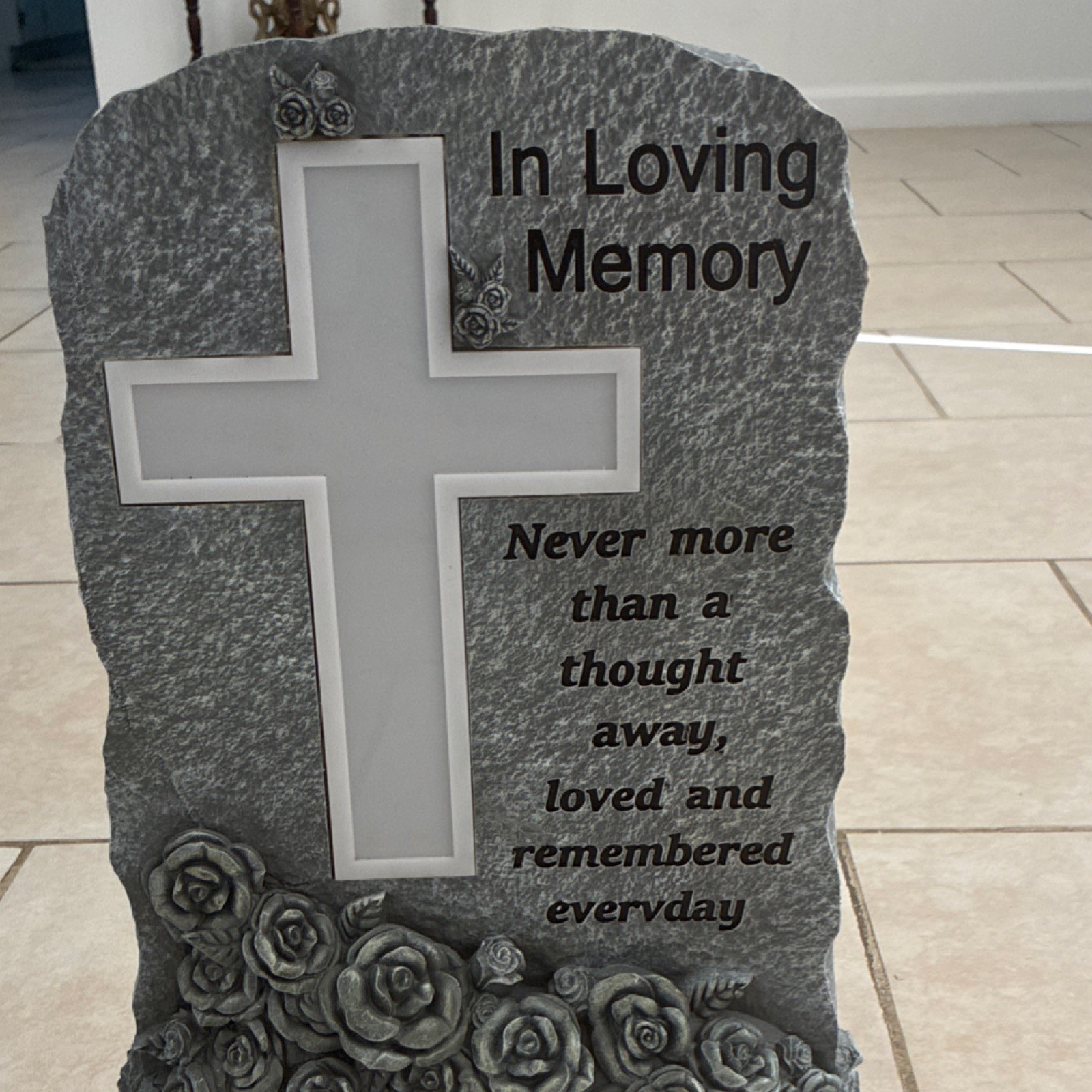 Solar Powered Engraved Memorial Plaque with Cross and Roses, In Loving Memory