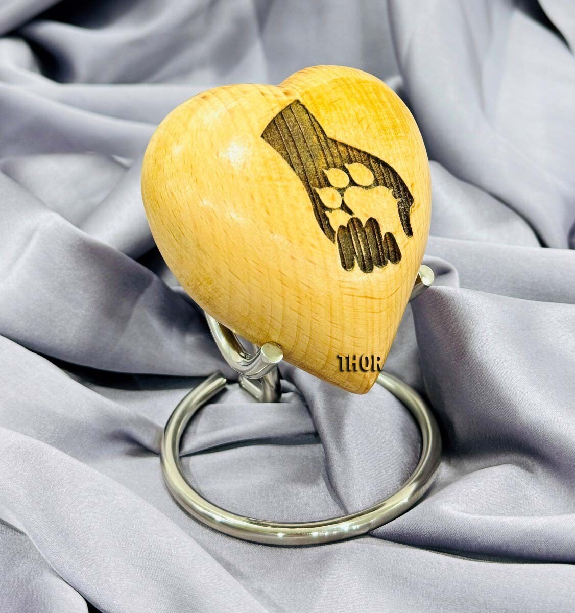 Wooden Natural Heart Keepsake Man’s hand holding his pet’s hand Print Urn – Mini