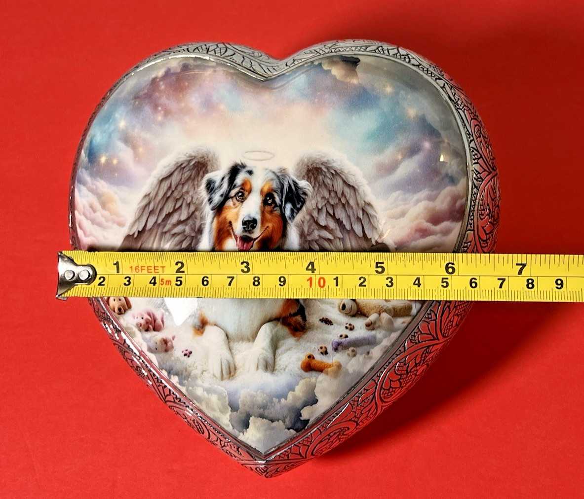 Australian Shepherd Memorial Dog Funeral Urn w/Silver Color Hand Etched Border