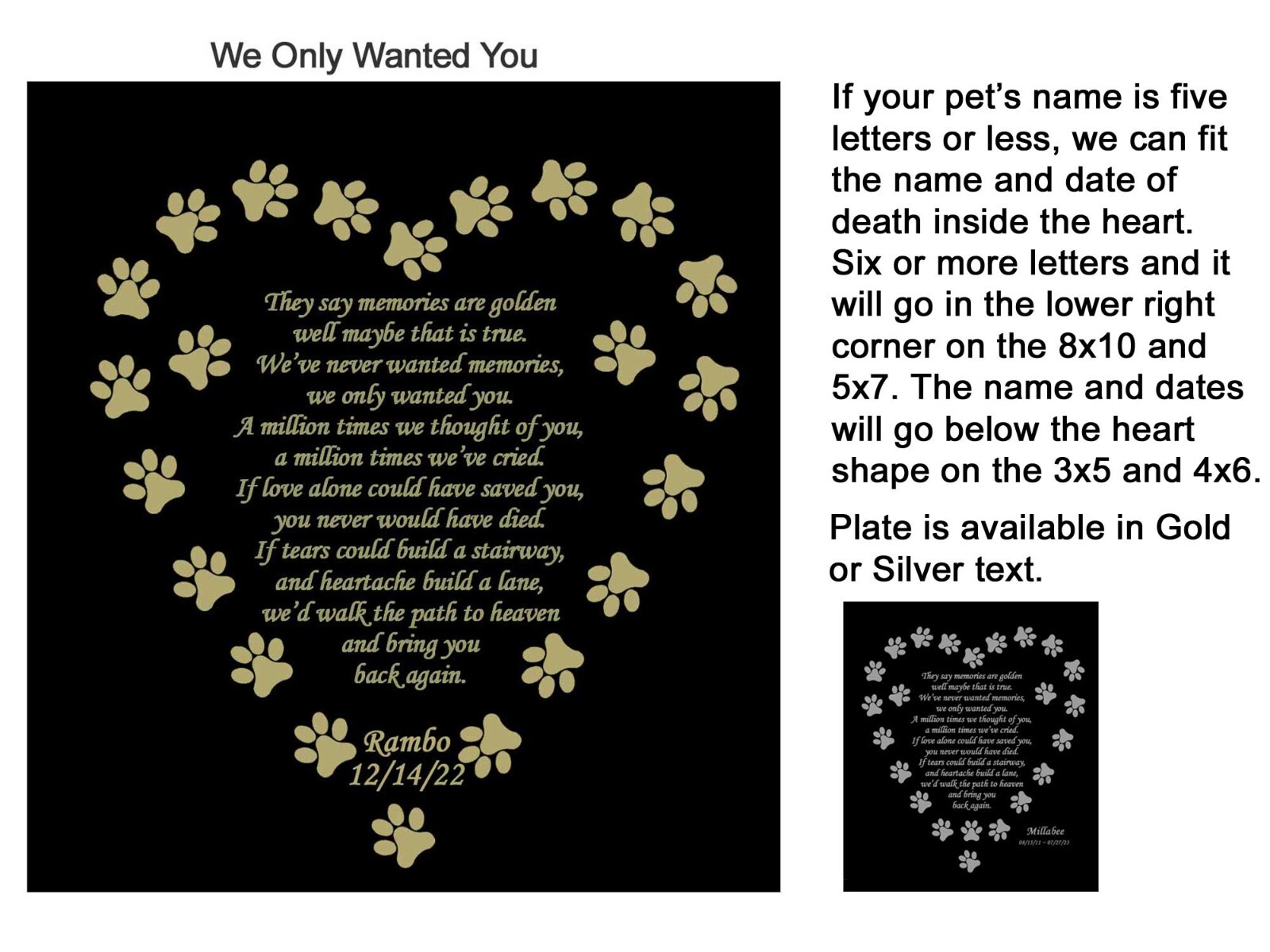 Engraved Pet Plate, Memorial Poem, WE ONLY WANTED YOU 4 Sizes To Choose Dog Cat
