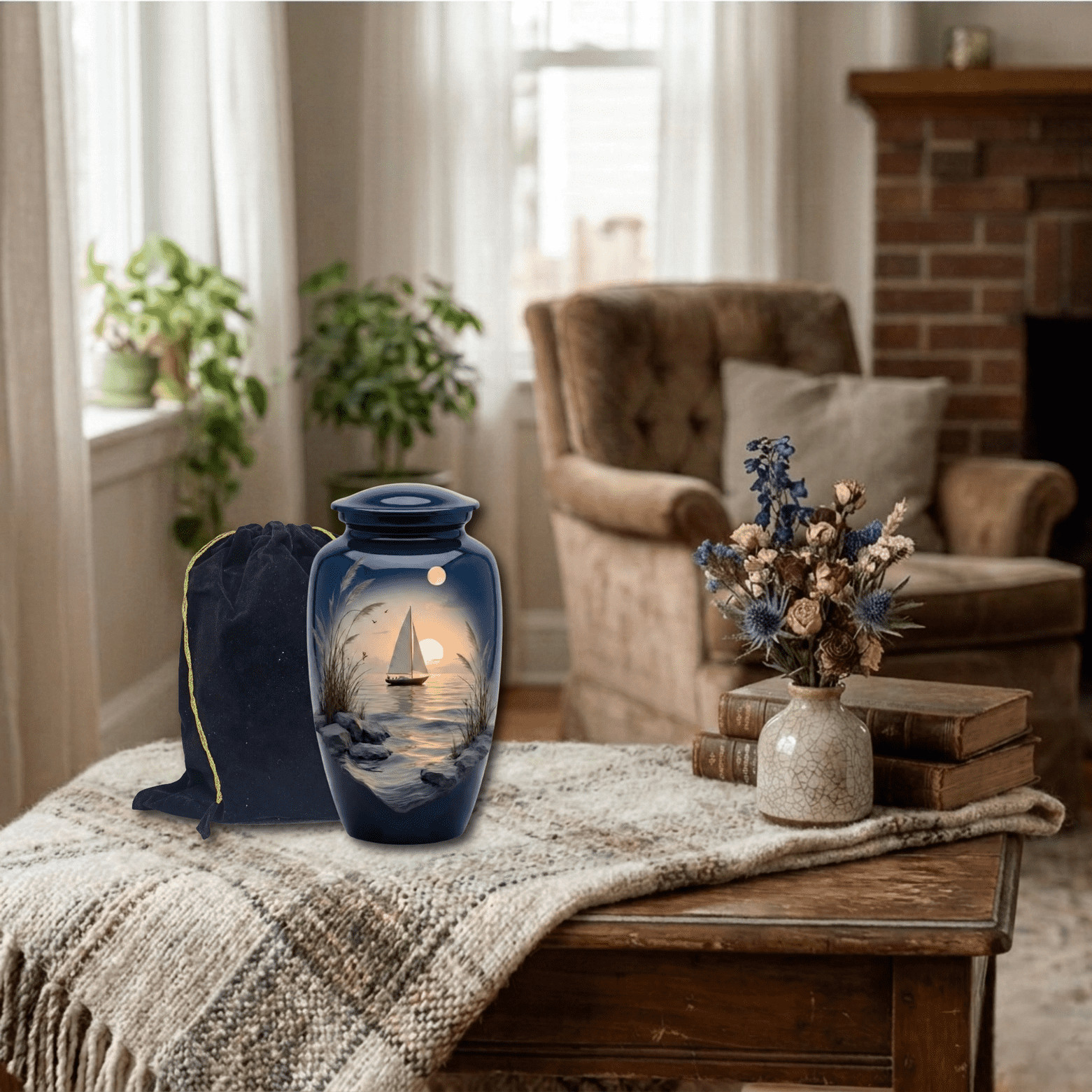 Sailboat Ocean Sunset Moonlight Cremation Urn for Human Ashes 190 Cu In Adult
