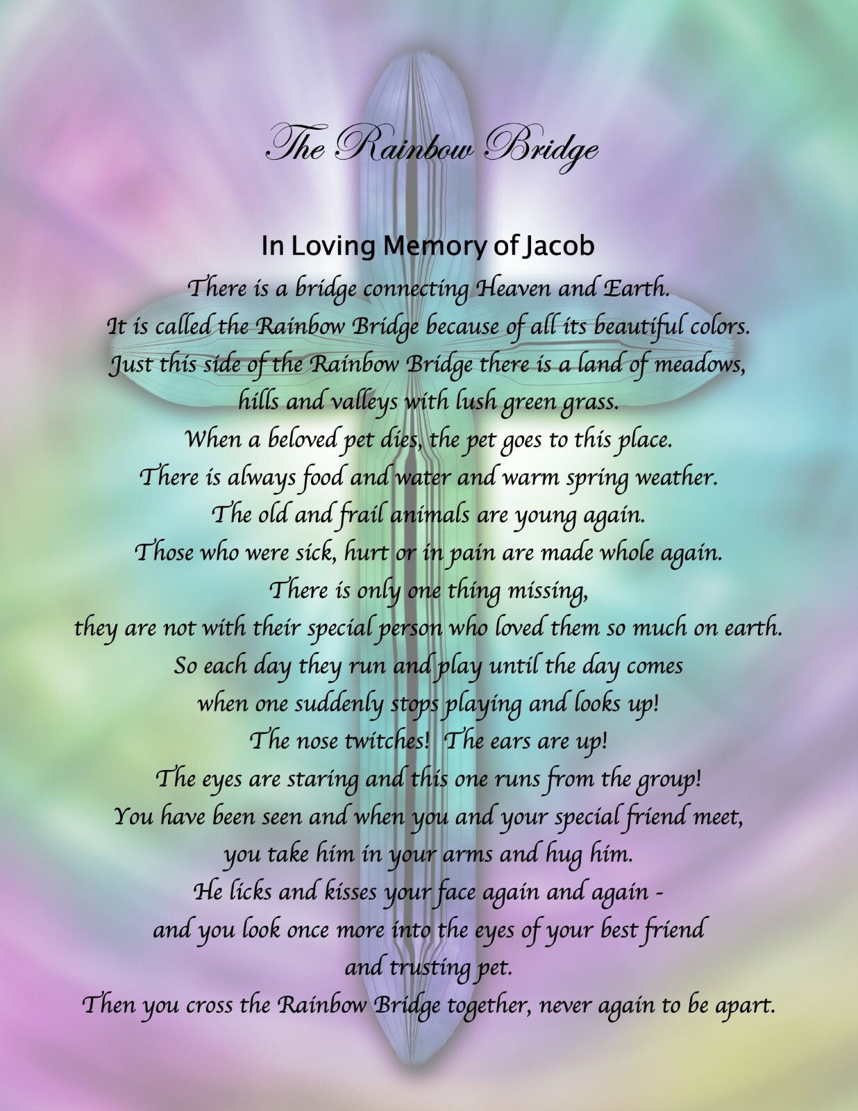 Pet Memorial Poem RAINBOW BRIDGE Personalized UNFRAMED Art Print Gift Dog, Cat