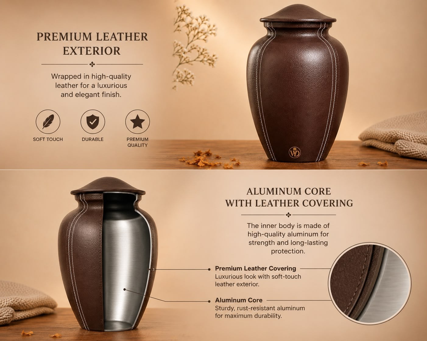 Premium Leather Cremation Urn for Human Ashes Adult 200 Cu In Aluminum Core