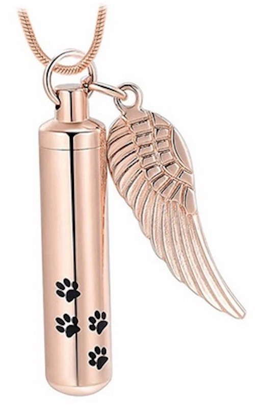 Cylinder with Paw Prints & Wing, Rose Tone Memorial Necklace (J-525-G)
