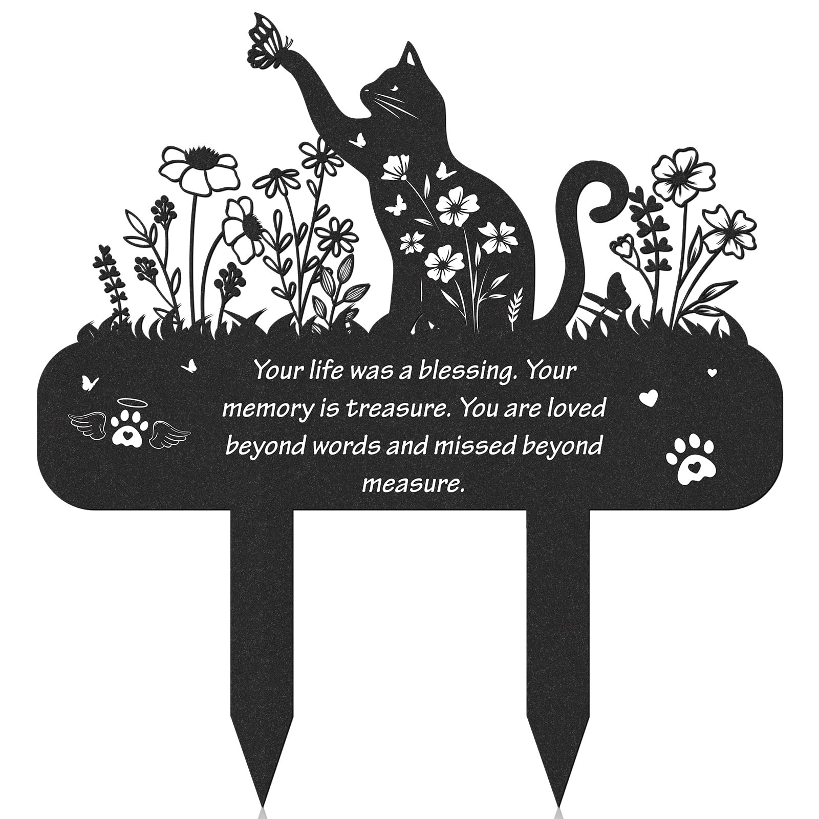 LIRAVENO Cat Memorial Grave Stakes – Metal Wildflower Loss Pets black
