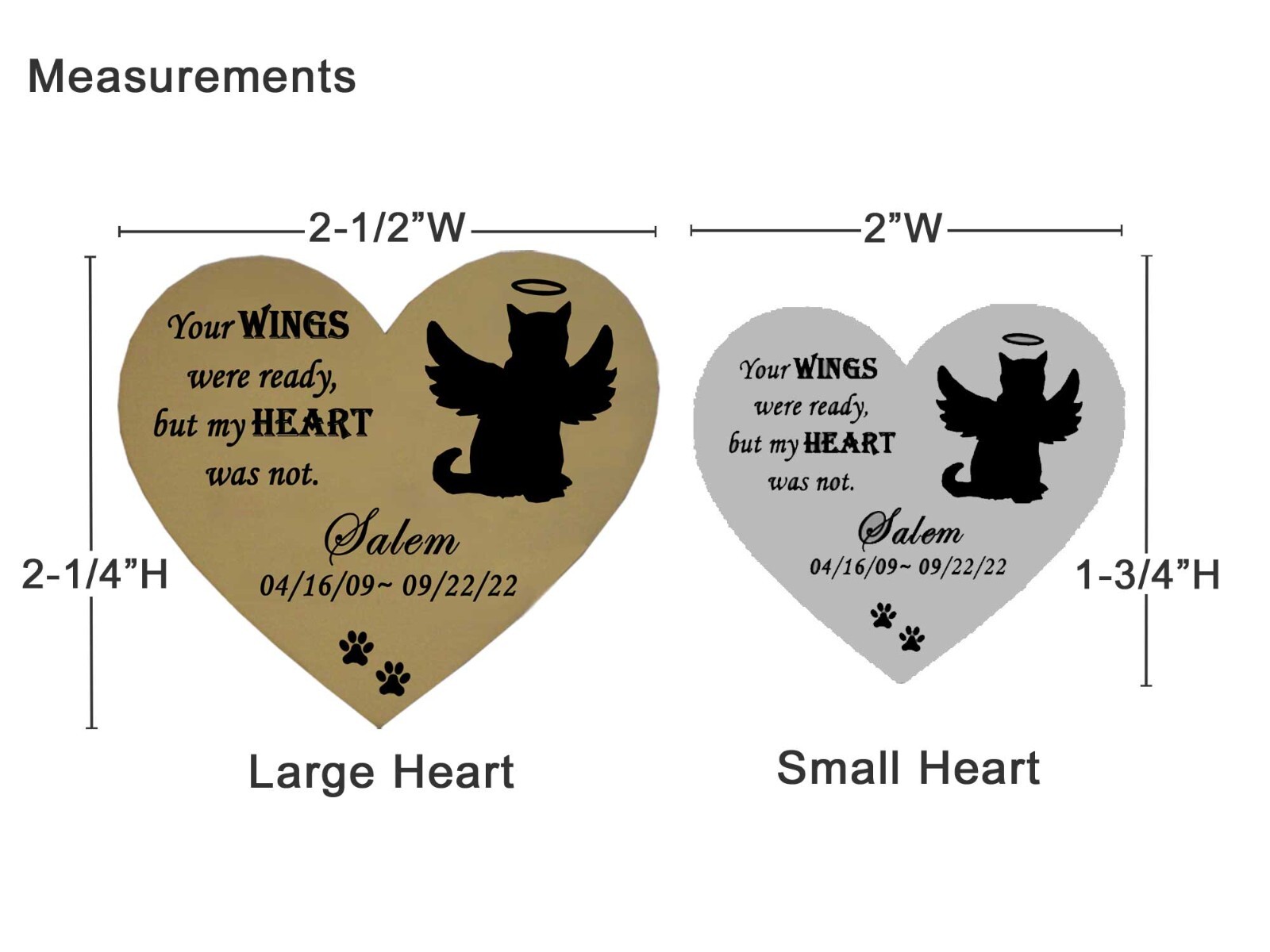 Cat Memorial Engraved Heart Shape Plates Pet Loss – Gold or Silver – 2 Sizes