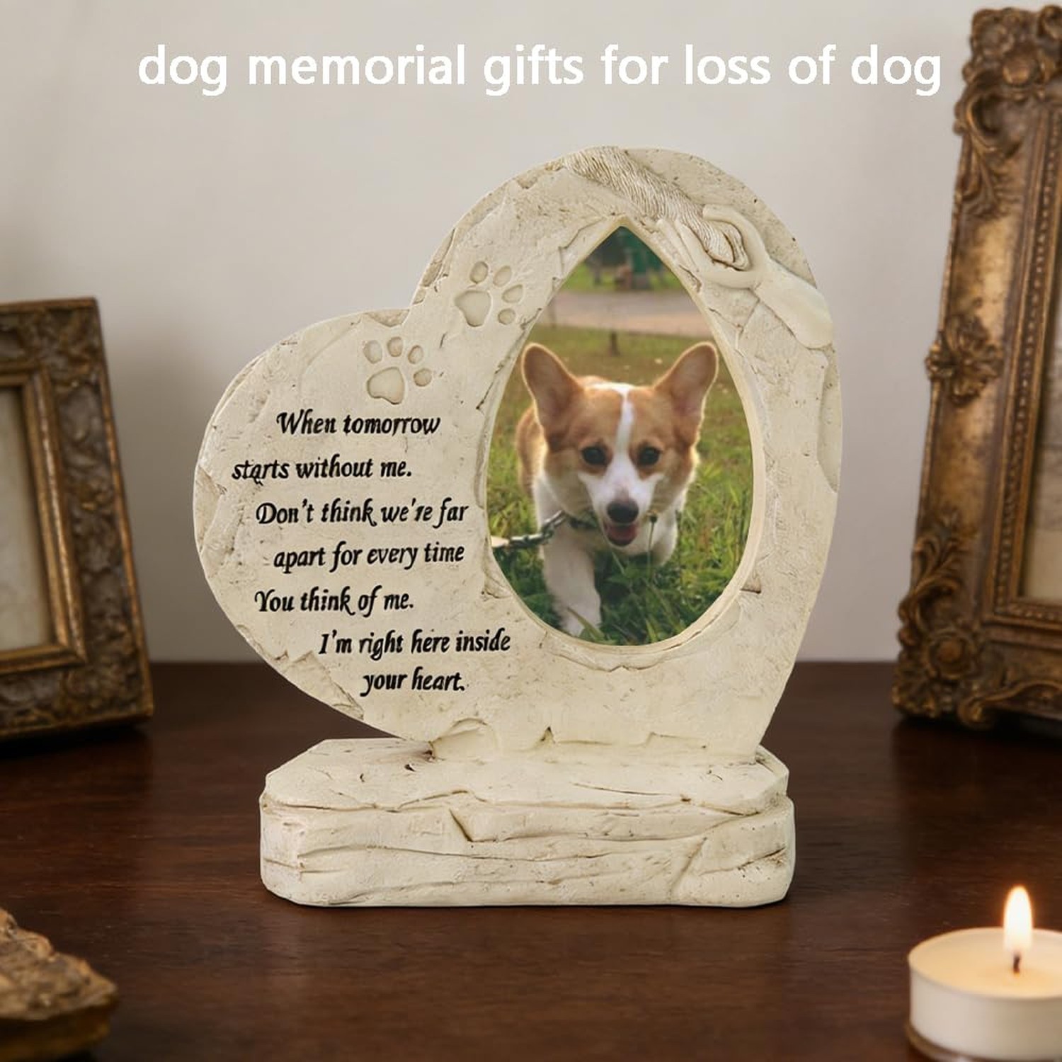 Heart Shaped Pet Dog Memorial Stones with Photo Frame, Pet Headstones Grave S…