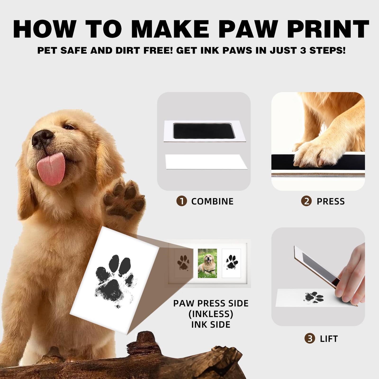 Dog Paw Print Kit with Frame, Inkless Paw Print Kit for Dogs and Cats, Pet Me…