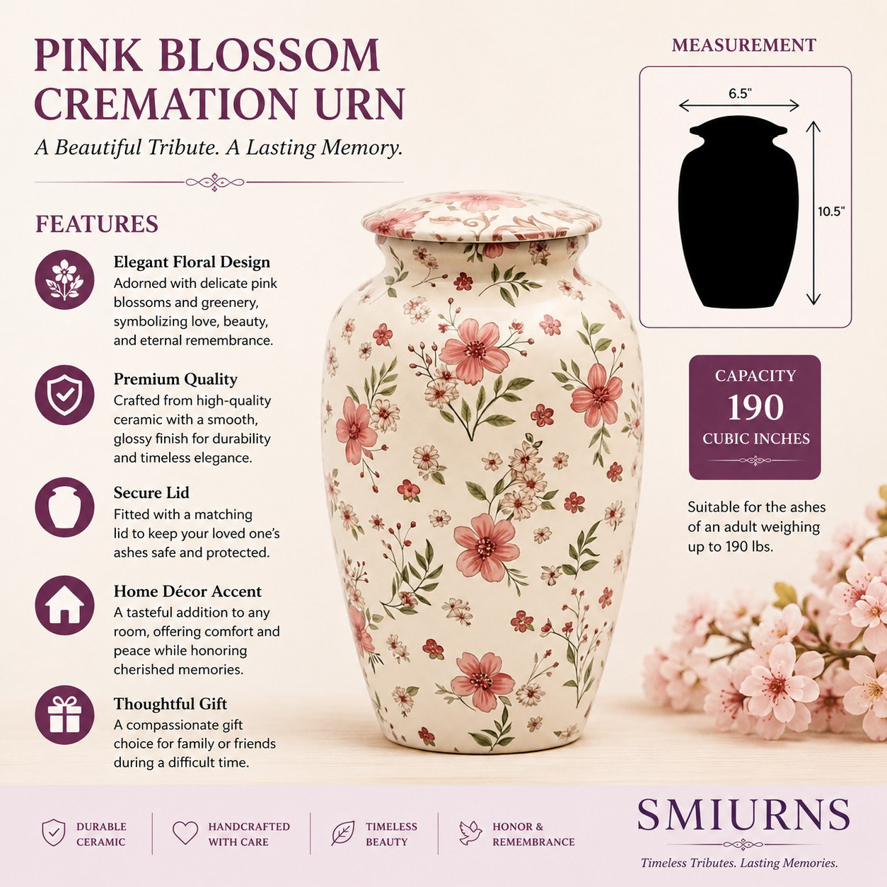 Large Adult Cremation Urn Ashes Pink Floral Design 190 Cu In Funeral Urns 10.5″