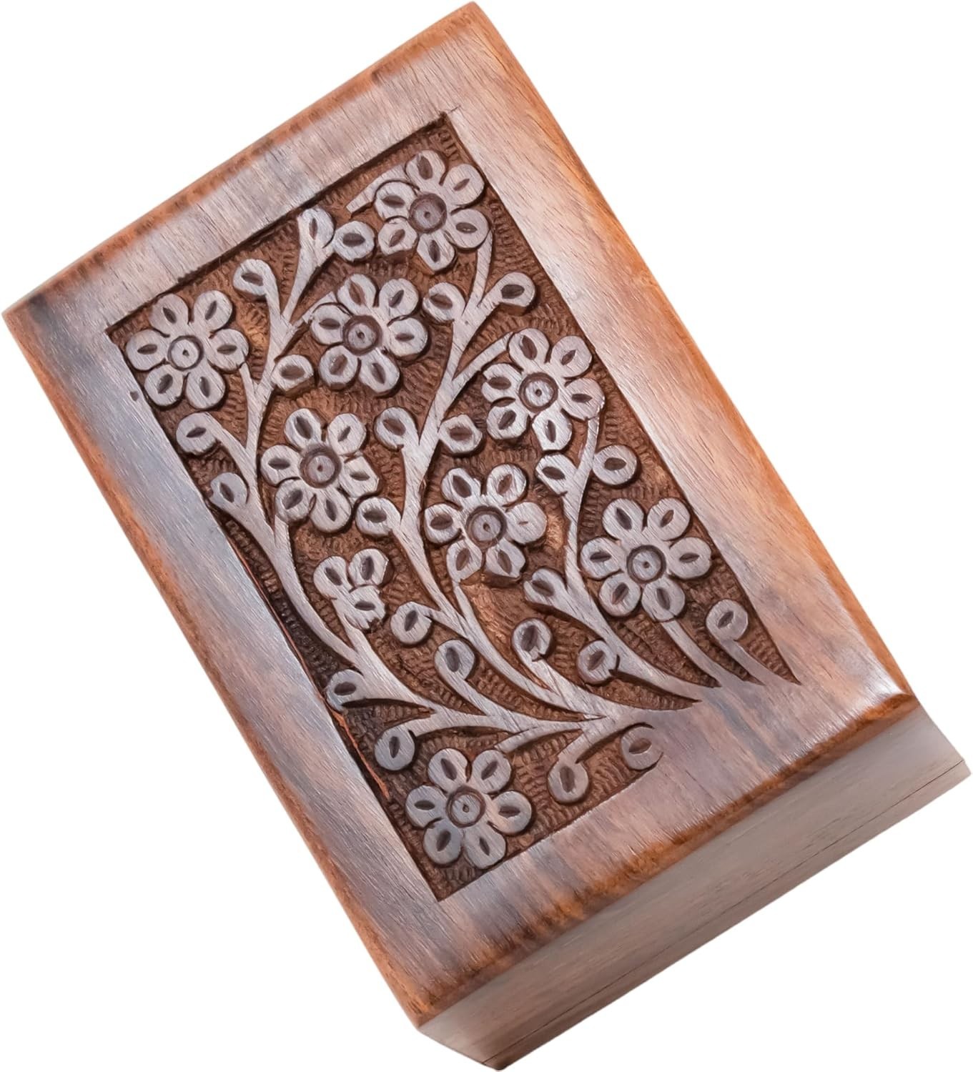 Wooden Ashes Urn Box Hand Carved Floral Memorial Keepsake (Medium Box)