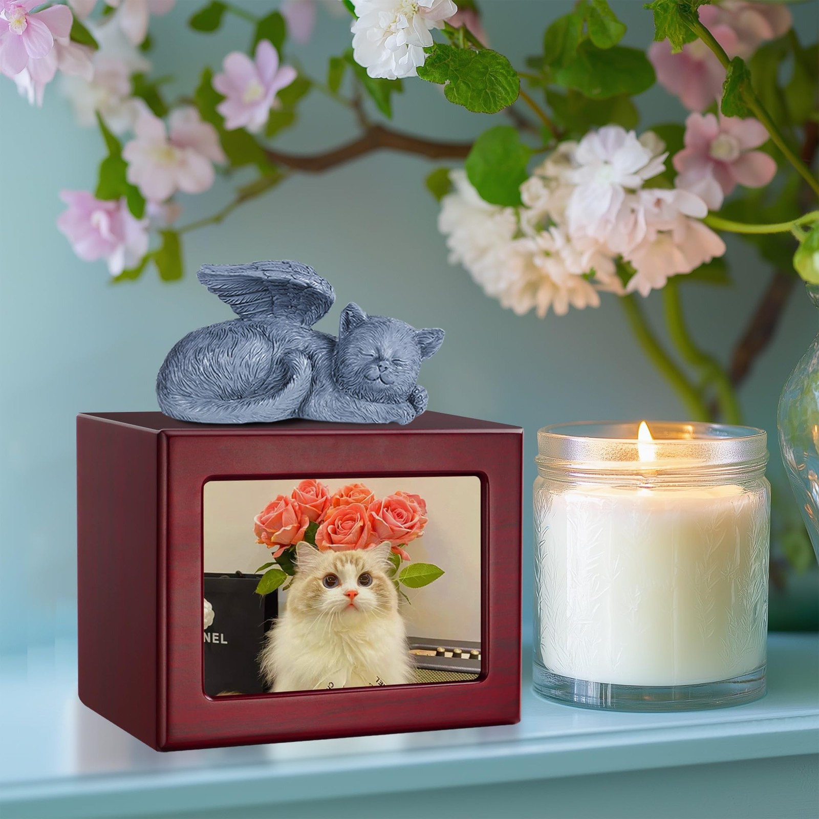 DiDiBirDi Cat Urn for Ashes, Wooden Keepsake Ashes with Photo Large, Red
