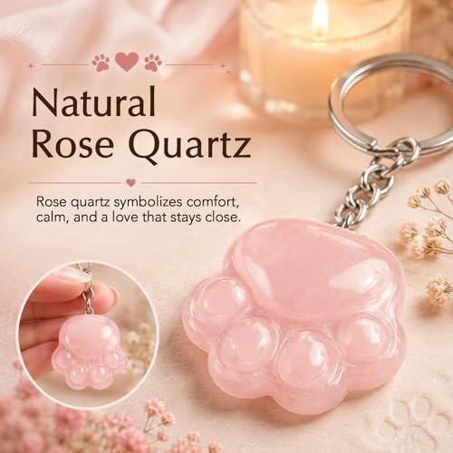 Pet Loss Sympathy Gift – Rose Quartz Paw Keychain, Healing Crystal Pocket Pink