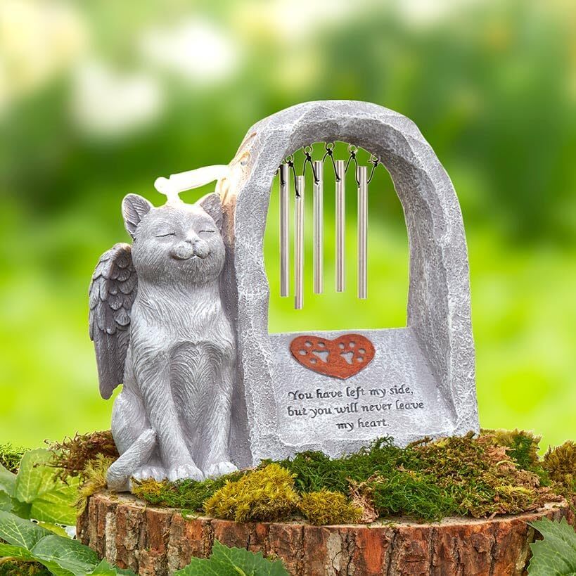 Solar Pet Memorial Figurine Statue Angel Halo Wind Chimes Grave Stone Cat or Dog
