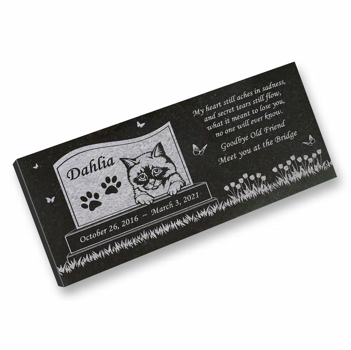 Personalized Cat Memorial – Granite Stone Pet Grave Marker – 6×12 – Dahlia
