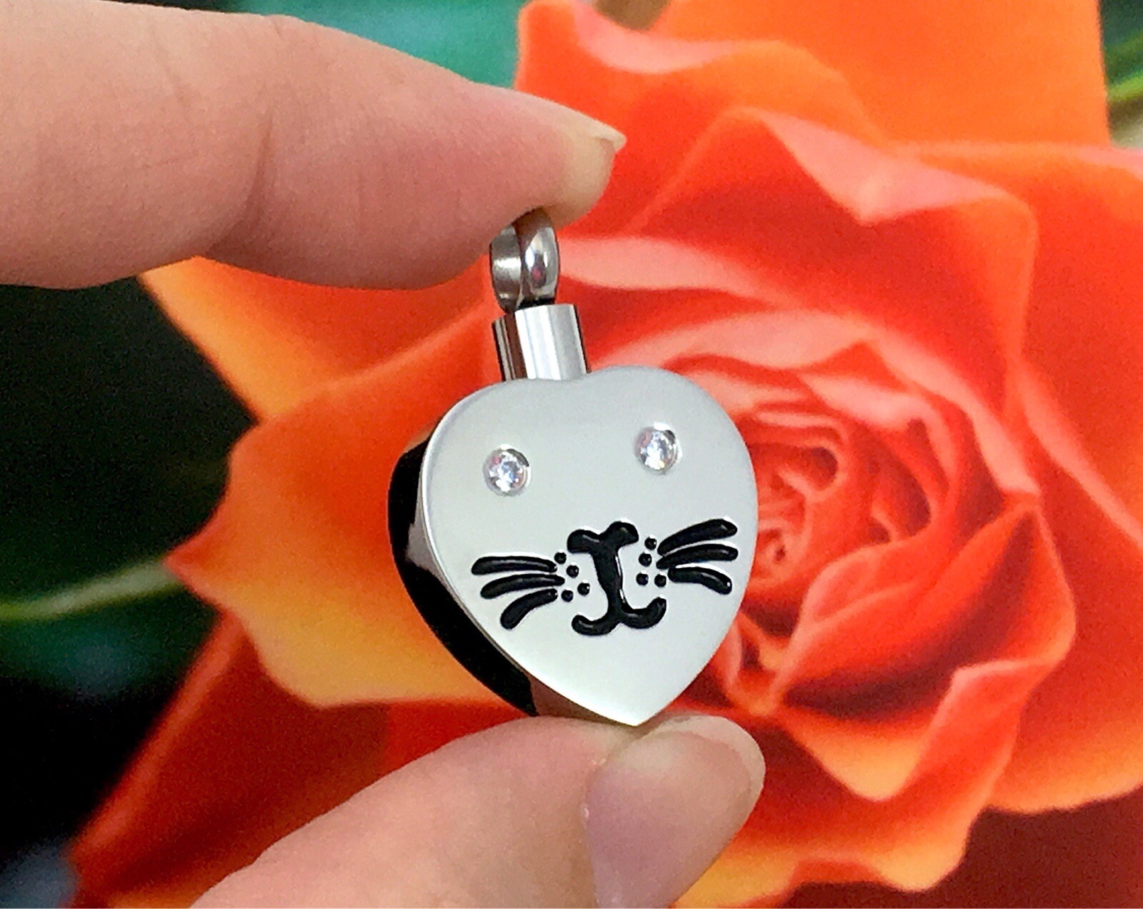 Cat Face Cremation Necklace Jewelry Pendant Urn Holds Ashes Kitty Crystal Eyes