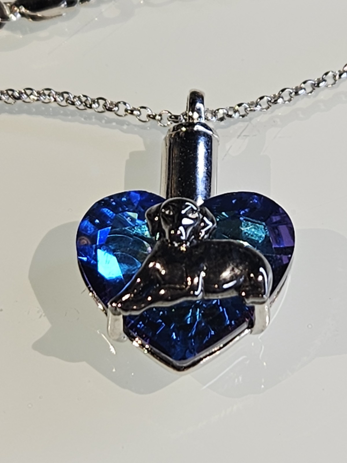 Sterling Silver Dog Cremation Urn Pendant Necklace – Blue/Purple Crystal Heart