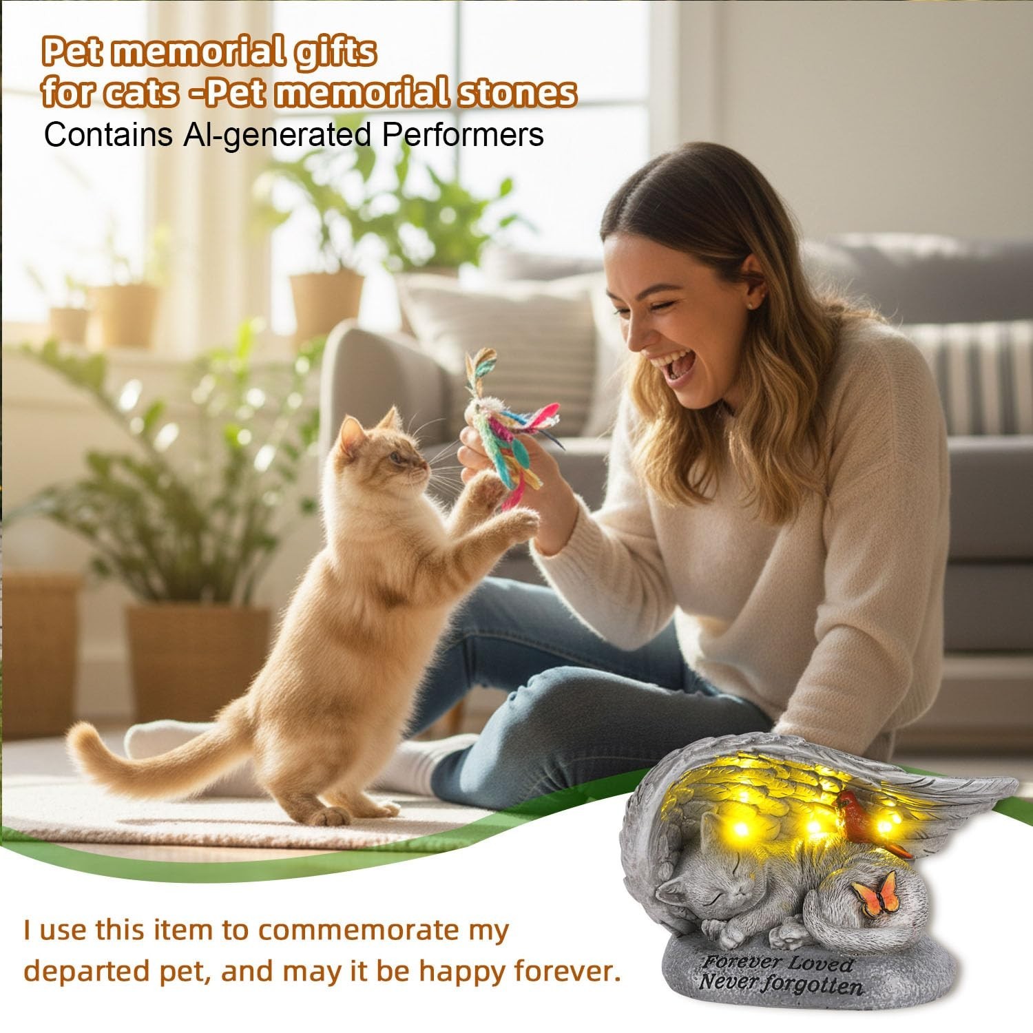Solar Cat Memorial Stone – 8″ Angel Wing Cardinal Butterfly, Outdoor Pet Loss Gi