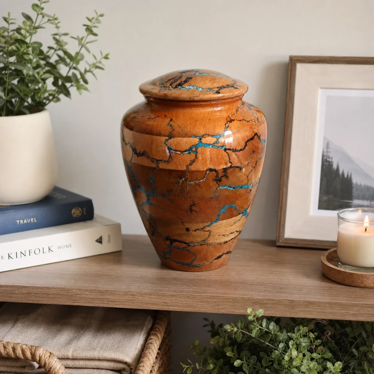 Azure Lightning Wooden Adult Cremation Urn – Handcrafted Fractal Design Urn