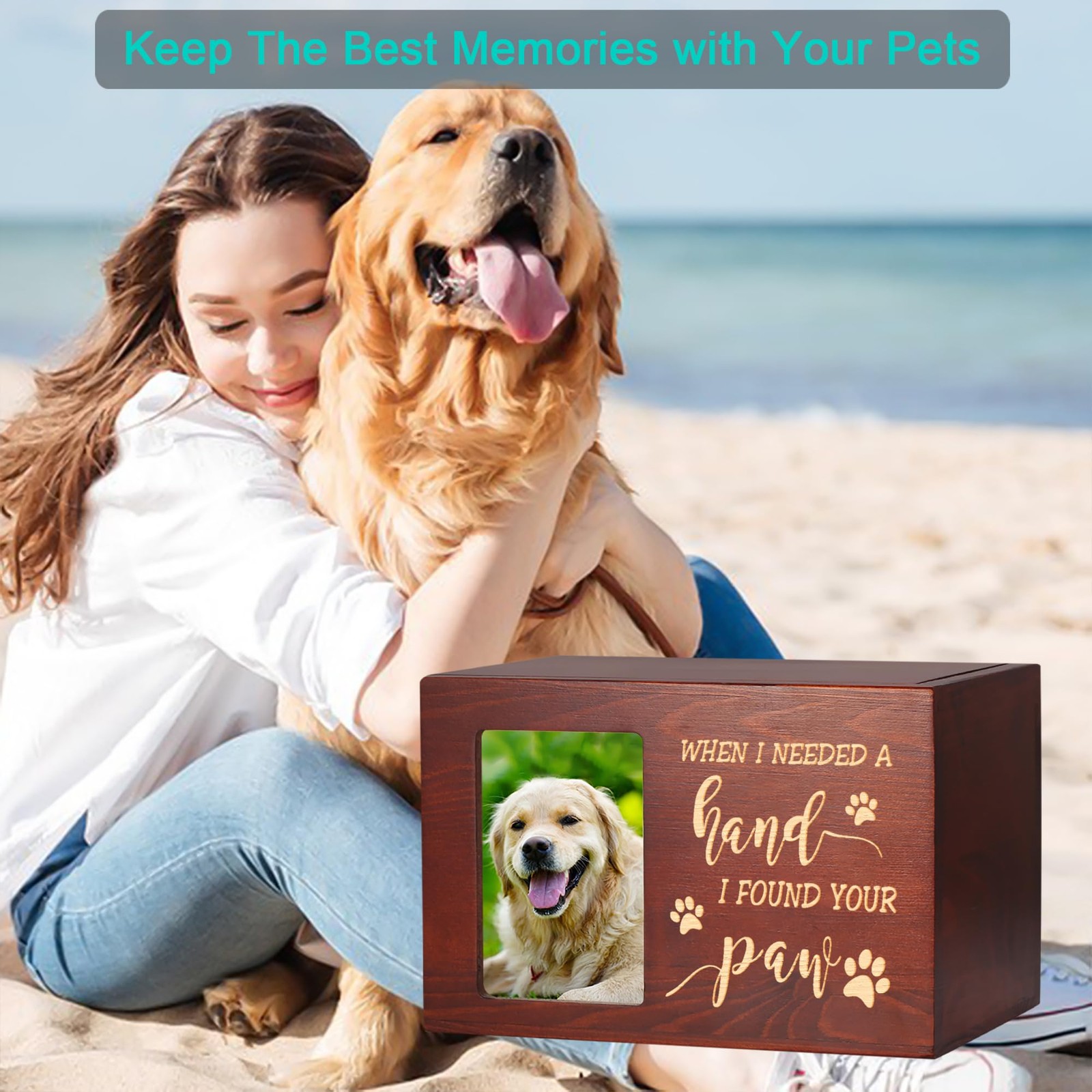 Wooden Pet Memorial Urn for Dog or Cat Ashes with Photo Frame Keepsake Box