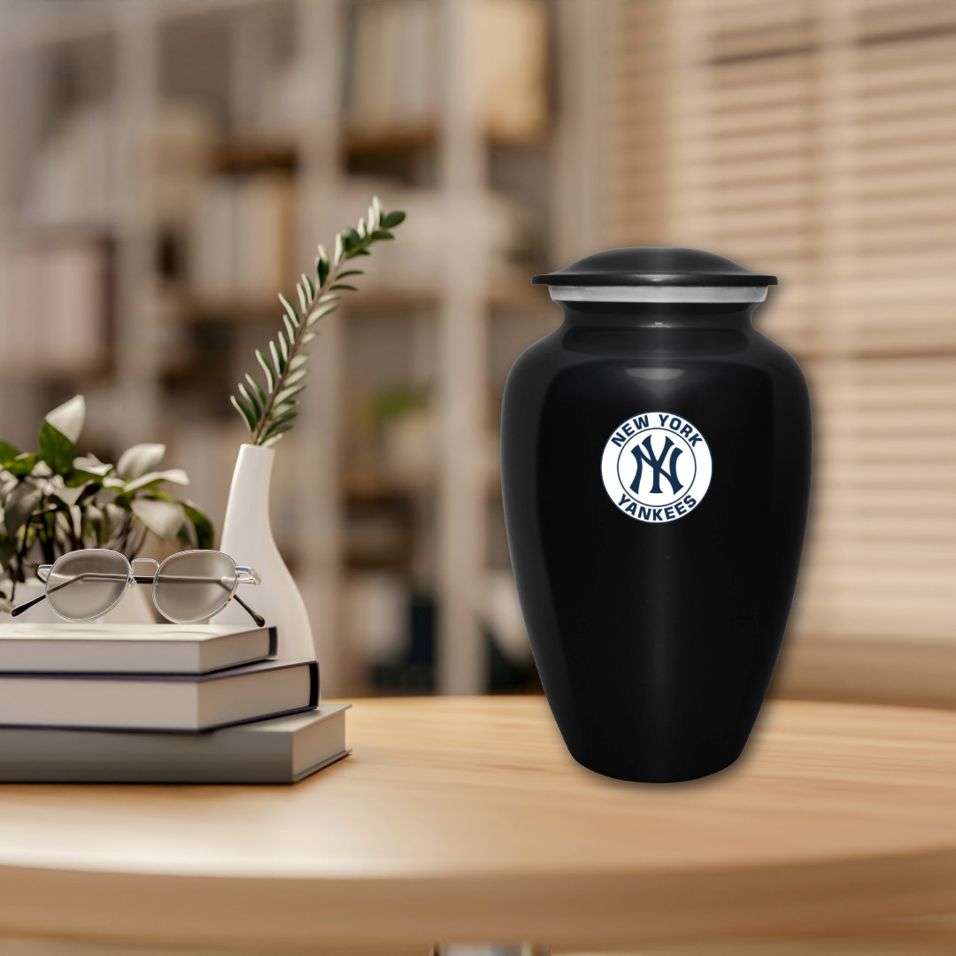 Large New York Yankee Baseball Theme Cremation Black Urn Adult Human Ashes w/Bag