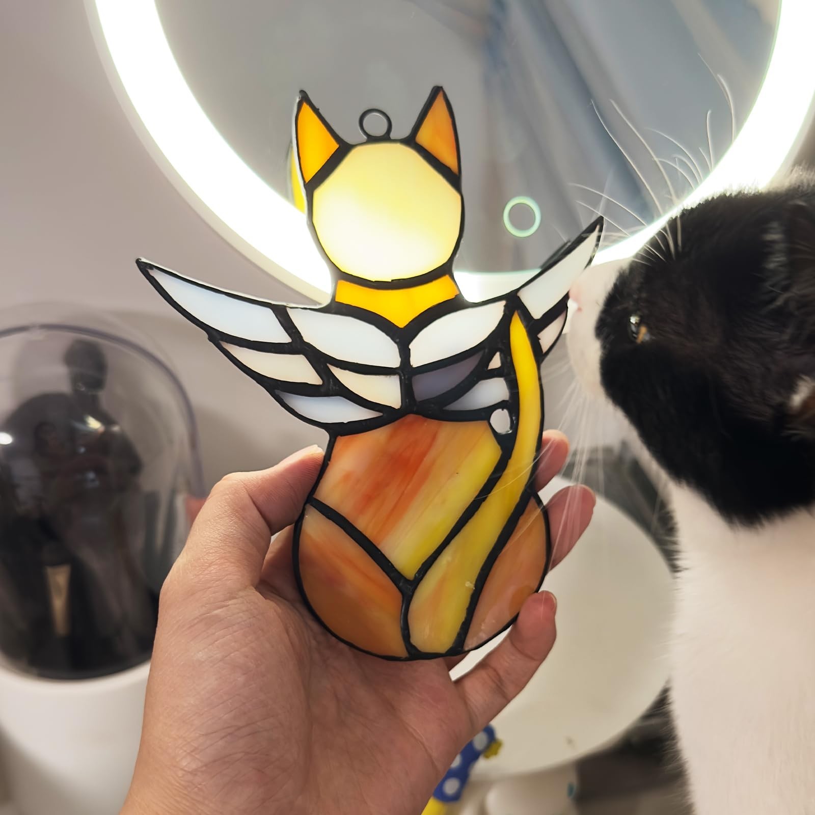 Handcrafted Stained Glass Orange Angel Cat Suncatcher – Pet Memorial Gift wit…