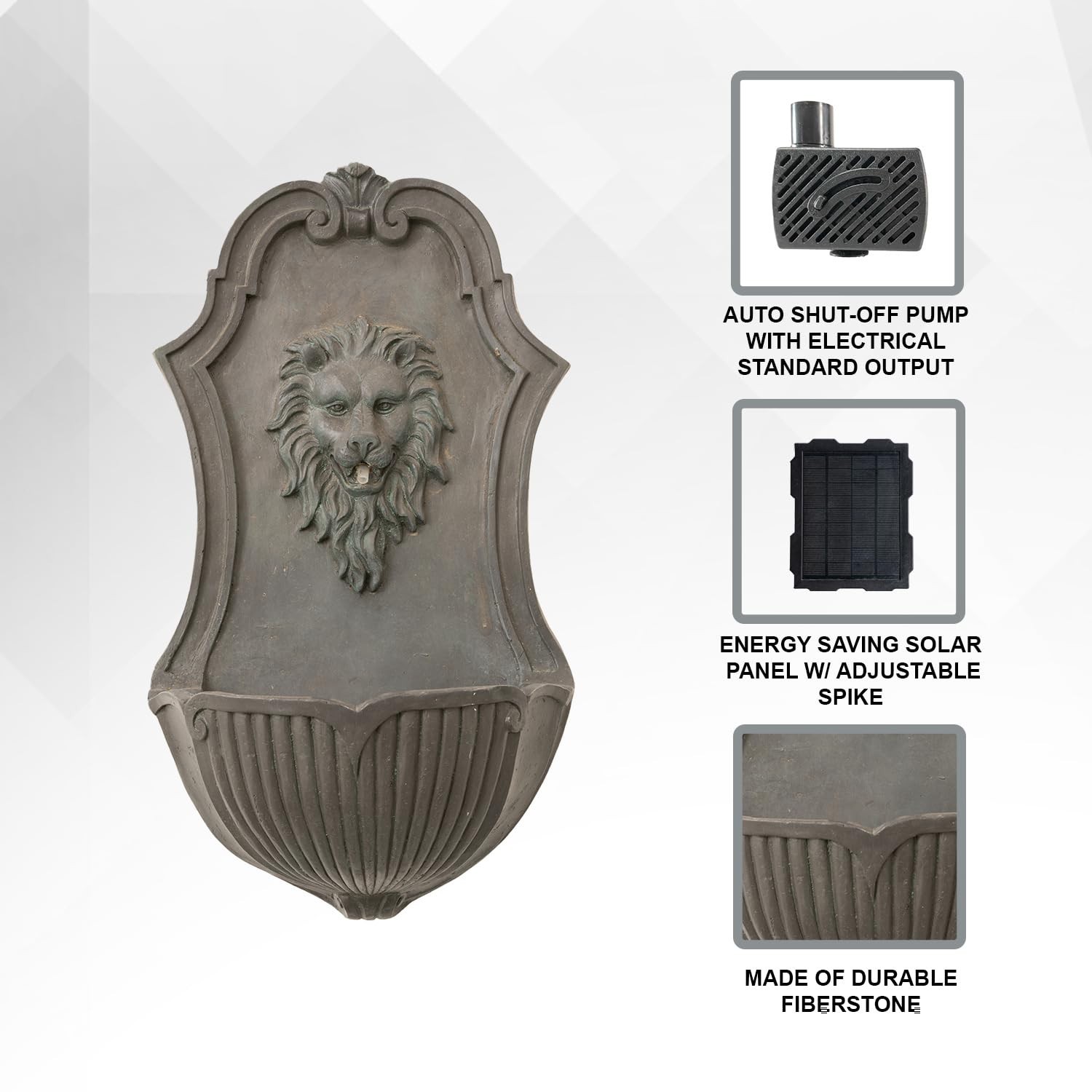 XBrand 26″ Solar-Powered Wall-Mounted Lion Head Fountain, Resin, Outdoor, Gray